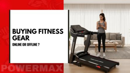 “Woman standing next to a treadmill in a bright living room, looking at her phone, with text reading ‘Buying Fitness Gear - Online or Offline?’”