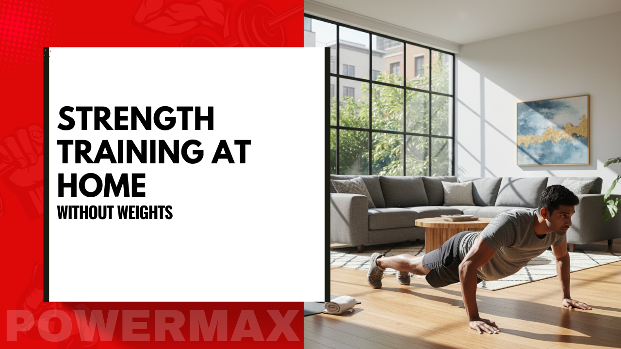 Man doing push-ups on a wooden floor in a bright living room, next to text reading “Strength Training at Home Without Weights” in a red-and-white fitness-themed layout.