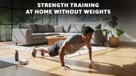 A person doing a push-up in a sunny living room with the text 