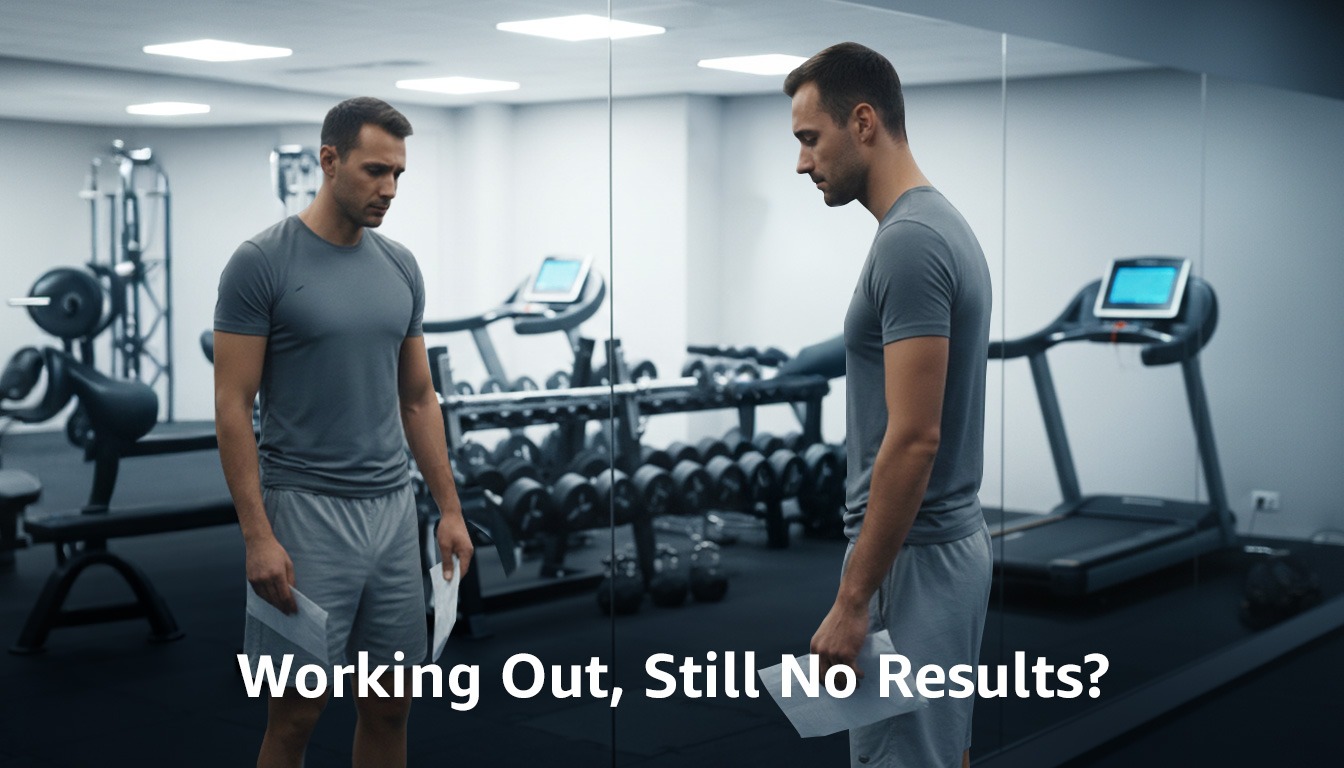 A man in a gray workout outfit stands in a modern gym, looking down at a sheet of paper while facing a mirror that reflects his serious expression. Dumbbells, treadmills, and weight machines are visible behind him. White text over the image reads, “Working Out, Still No Results?”