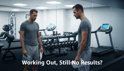 A man in a gray workout outfit stands in a modern gym, looking down at a sheet of paper while facing a mirror that reflects his serious expression. Dumbbells, treadmills, and weight machines are visible behind him. White text over the image reads, “Working Out, Still No Results?”