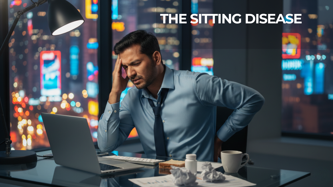“A man in office attire sits at a desk at night working on a laptop, holding his head and lower back in discomfort, with the words ‘The Sitting Disease’ displayed in the corner.”