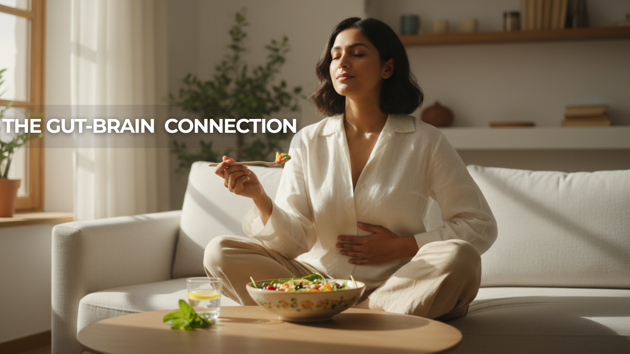 Person sitting cross-legged on a couch, holding a fork and eating a bowl of salad while calmly placing a hand on their stomach, with text overlay reading ‘The Gut-Brain Connection