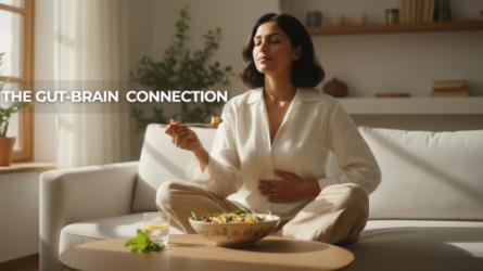 Person sitting cross-legged on a couch, holding a fork and eating a bowl of salad while calmly placing a hand on their stomach, with text overlay reading ‘The Gut-Brain Connection