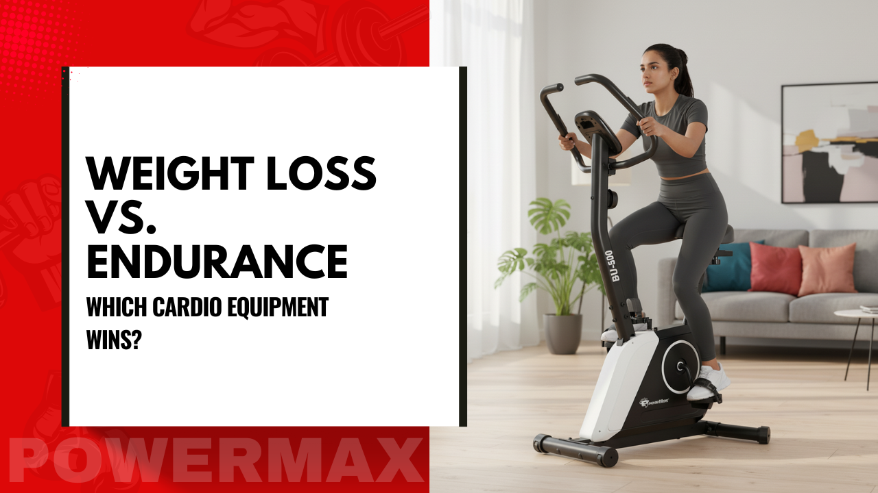 Woman exercising on a stationary bike at home beside text reading “Weight Loss vs. Endurance: Which Cardio Equipment Wins?”
