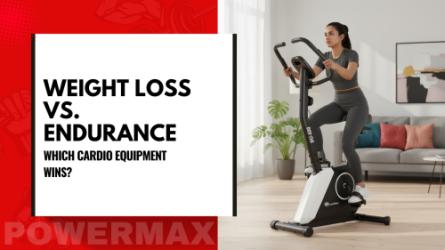Woman exercising on a stationary bike at home beside text reading “Weight Loss vs. Endurance: Which Cardio Equipment Wins?”