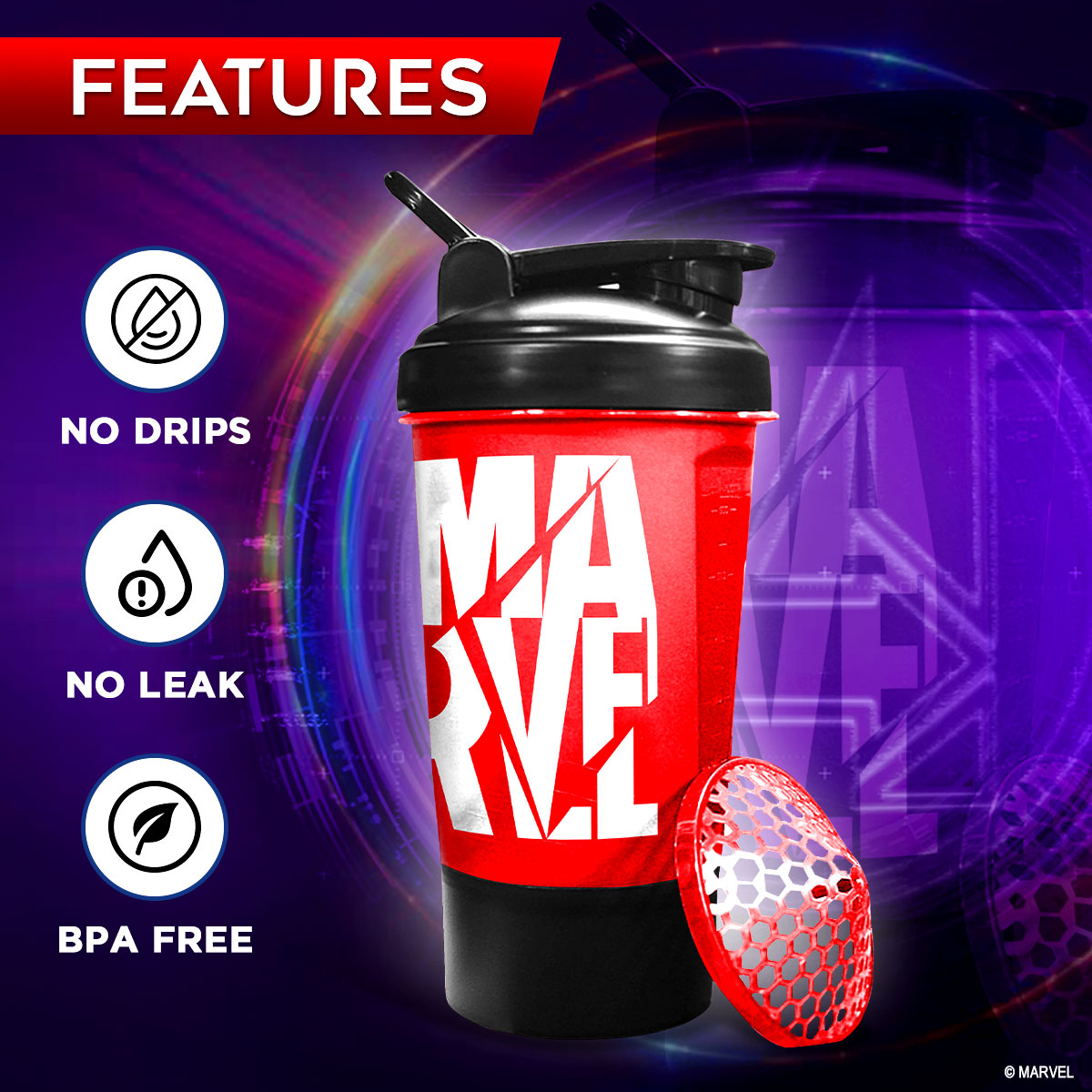 buy powermax x marvel msb-6s-m-red (600ml) marvel protein shaker bottle with single storage