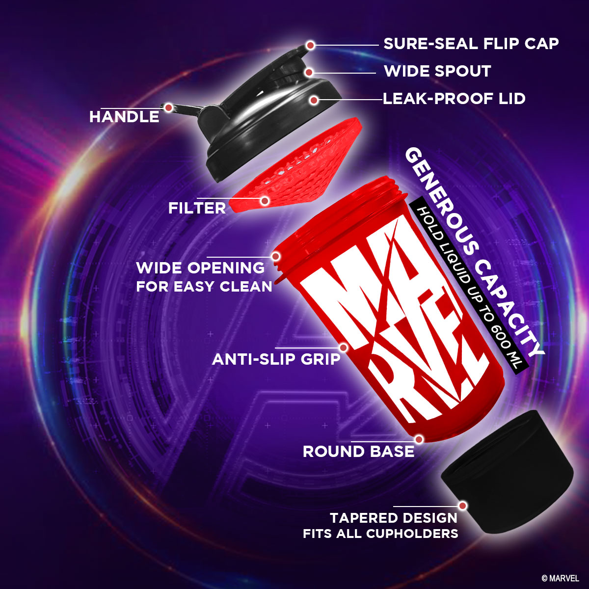 buy powermax x marvel msb-6s-m-red (600ml) marvel protein shaker bottle with single storage