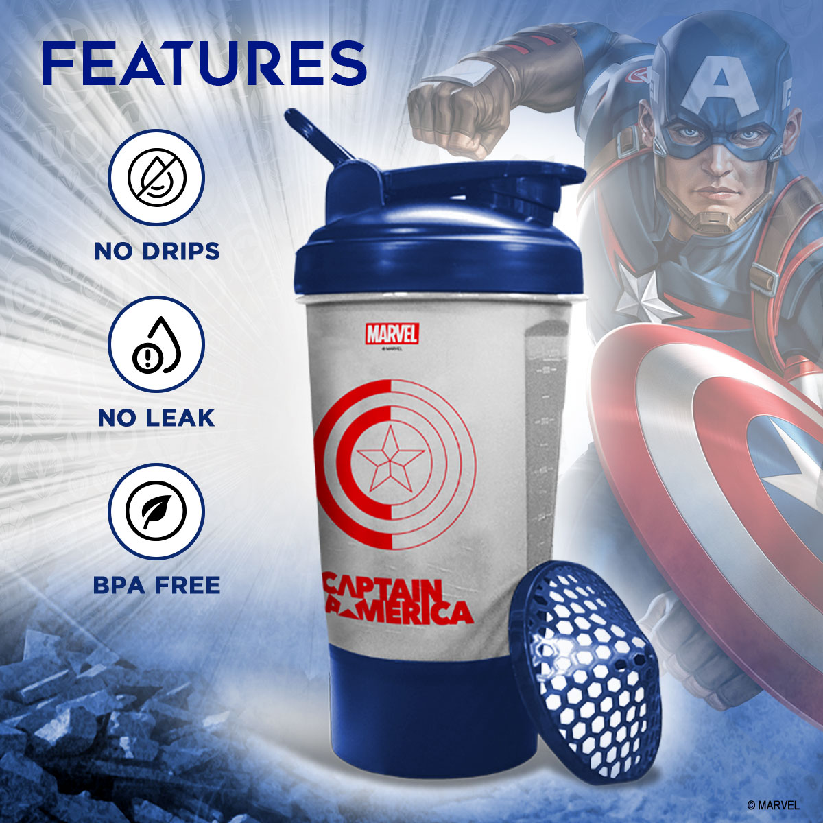 buy powermax x marvel msb-6s-ca-clear (600ml) captain america marvel edition protein shaker bottle with single storage