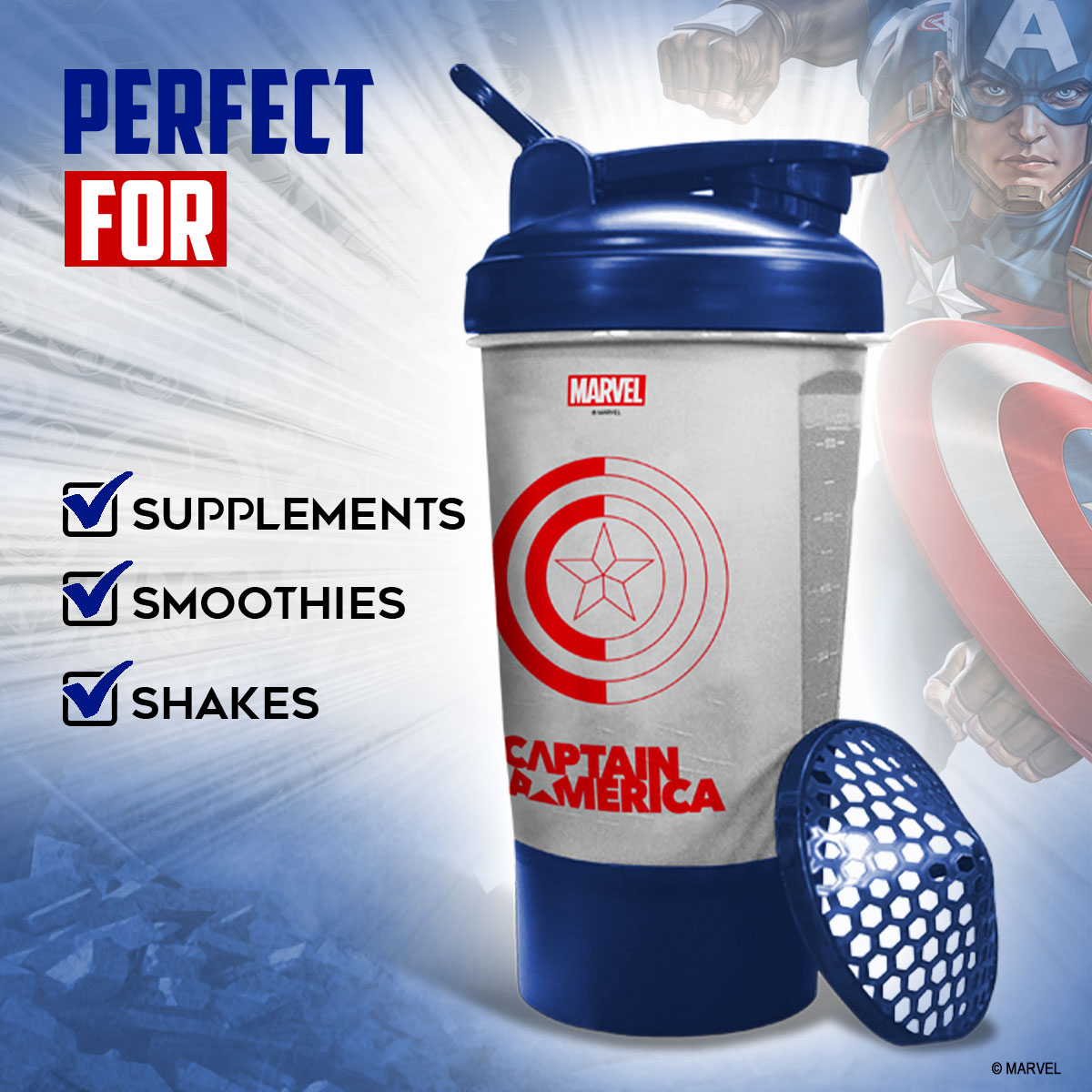 buy powermax x marvel msb-6s-ca-clear (600ml) captain america marvel edition protein shaker bottle with single storage
