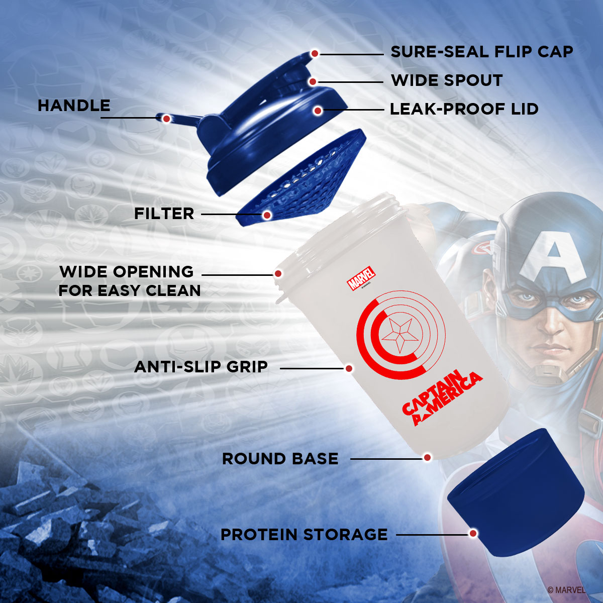 buy powermax x marvel msb-6s-ca-clear (600ml) captain america marvel edition protein shaker bottle with single storage