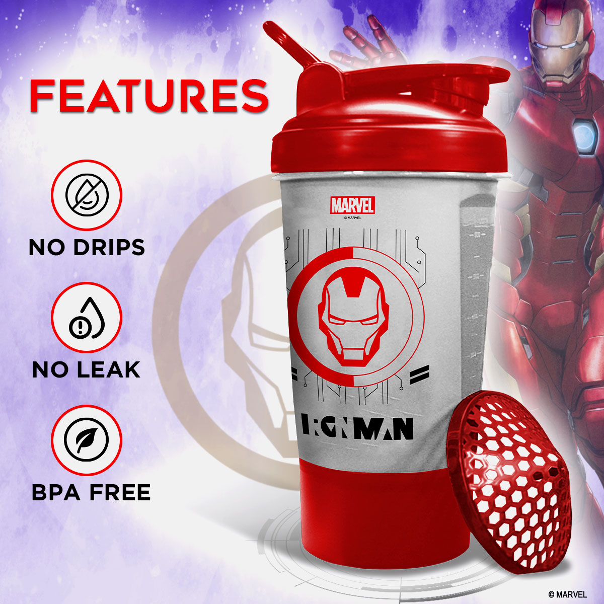 buy powermax x marvel msb-6s-im-clear (600ml) ironman marvel edition protein shaker bottle with single storage