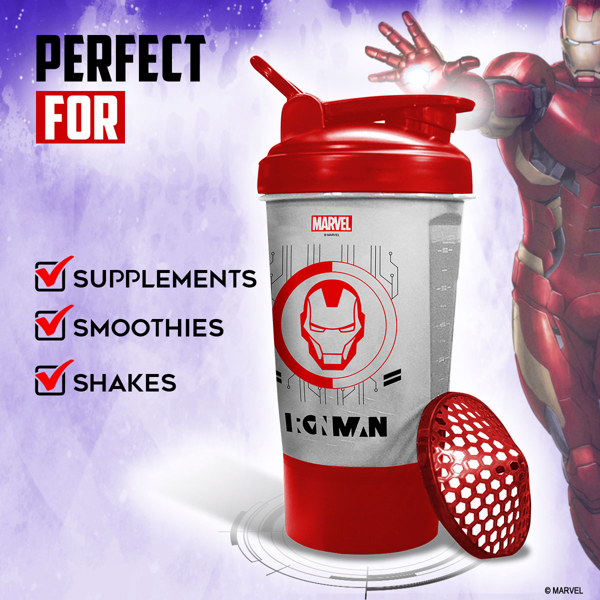 buy powermax x marvel msb-6s-im-clear (600ml) ironman marvel edition protein shaker bottle with single storage