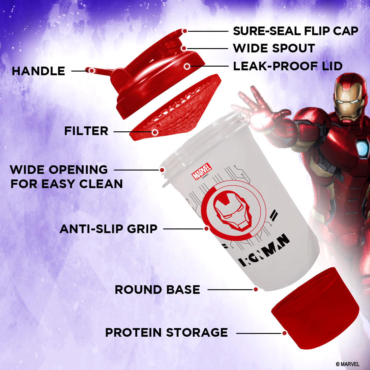 buy powermax x marvel msb-6s-im-clear (600ml) ironman marvel edition protein shaker bottle with single storage