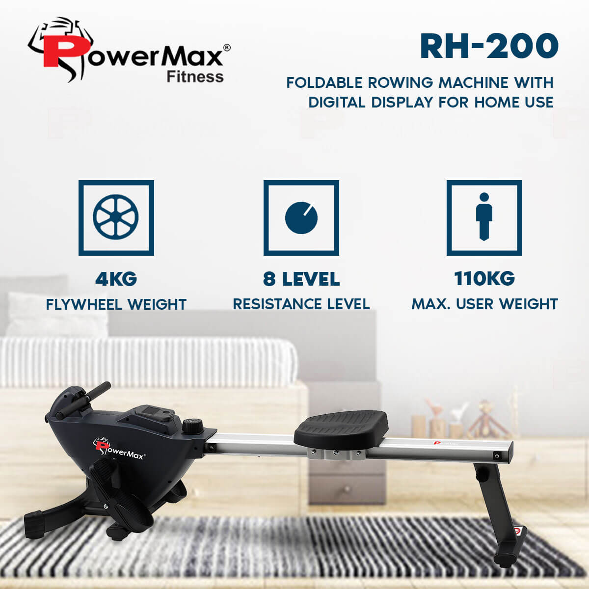 PowerMax Fitness RH-200 Rowing Machine with Digital Display for Home use