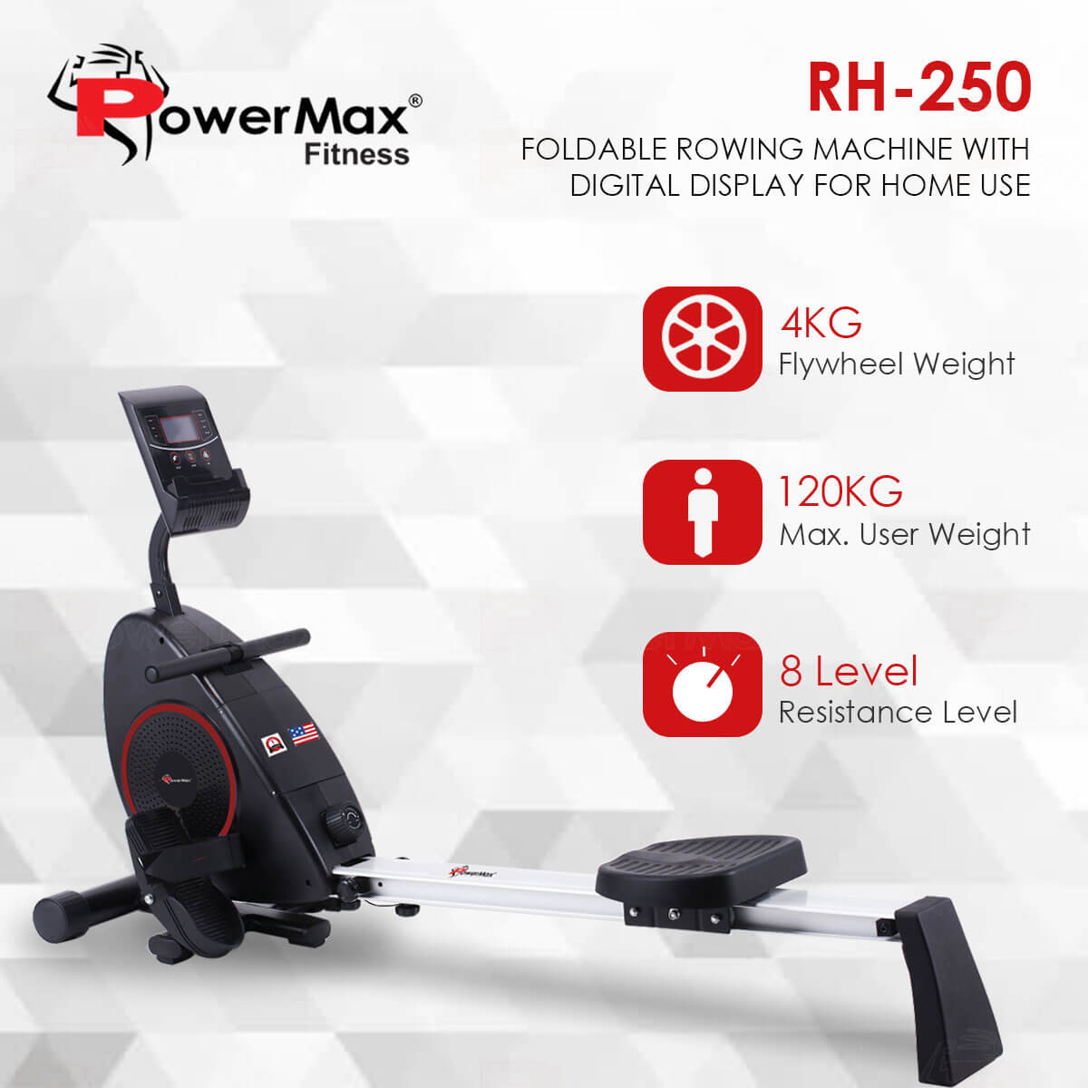 PowerMax Fitness RH-250 Foldable Rowing Machine with Digital Display for Home use