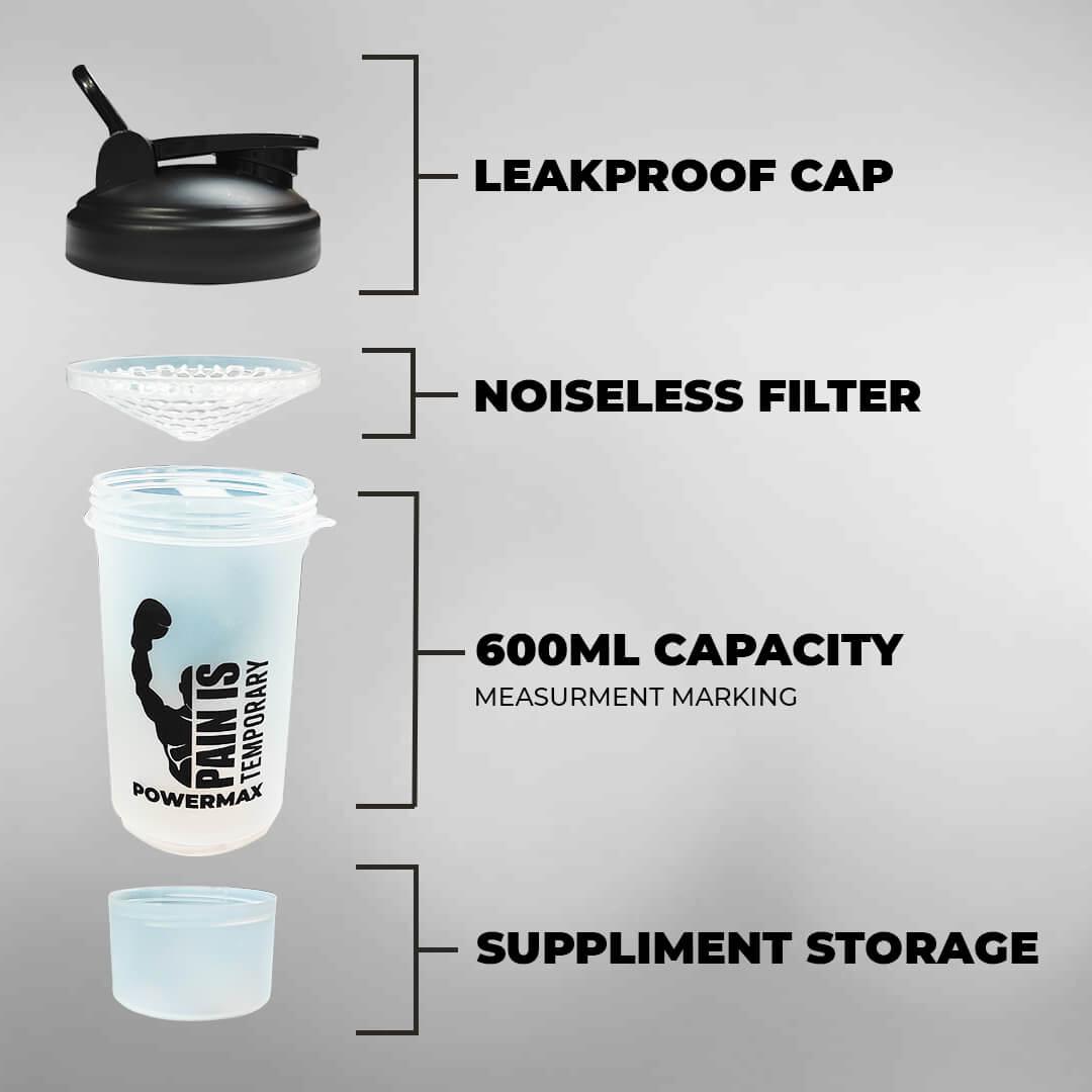 PowerMax Fitness PSB-6S-W (600ml) Protein Shaker Bottle with Single Storage