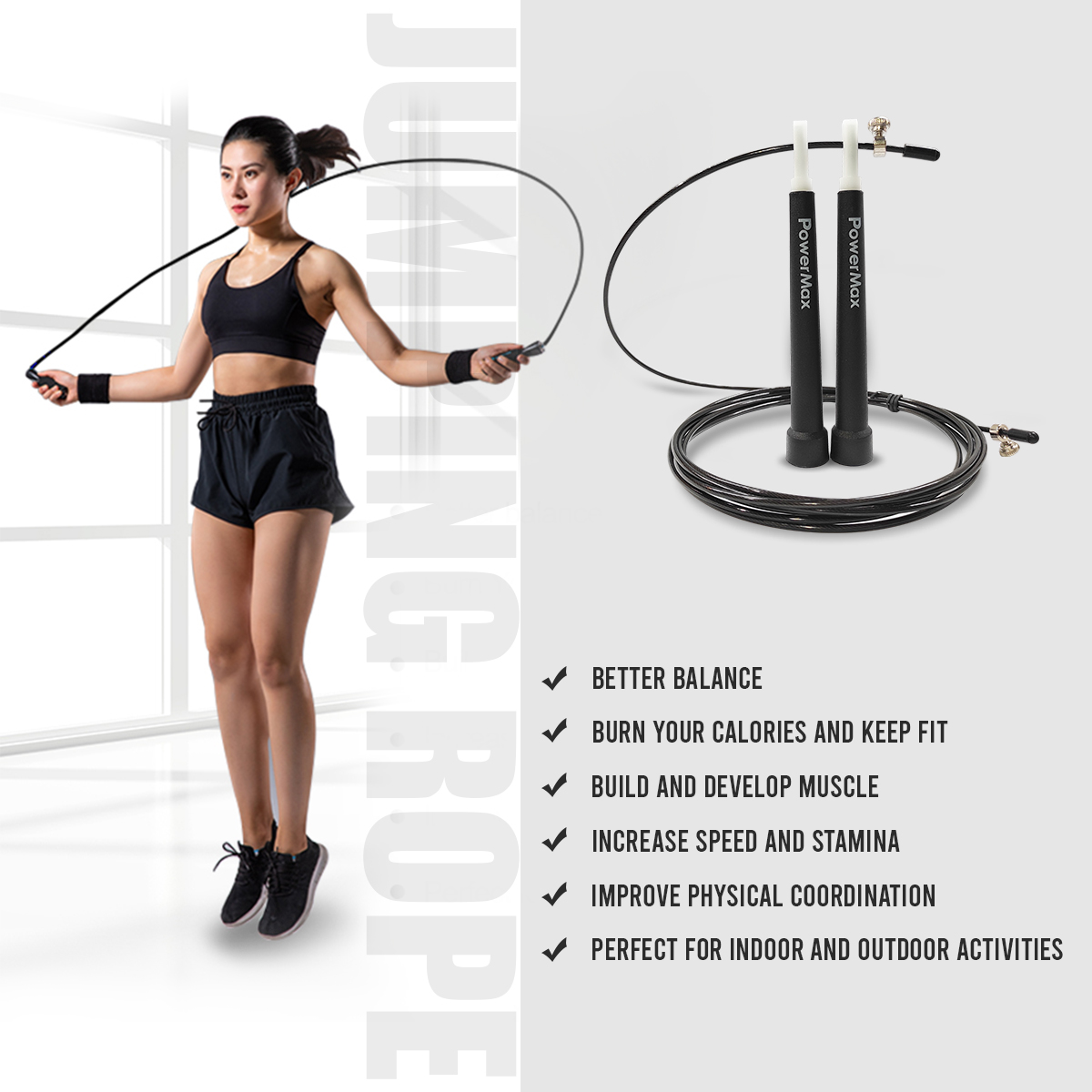 JP-2 (Black)  Exercise Speed Jump Rope With Adjustable Cable