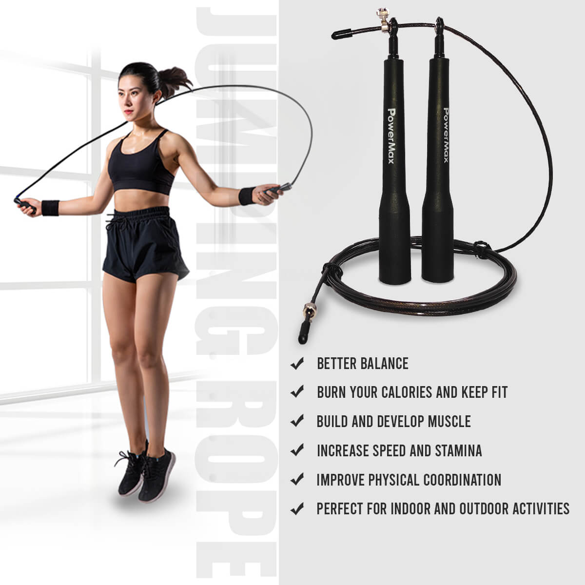  JP-5 (Black) Exercise Speed Jump Rope With Adjustable Cable