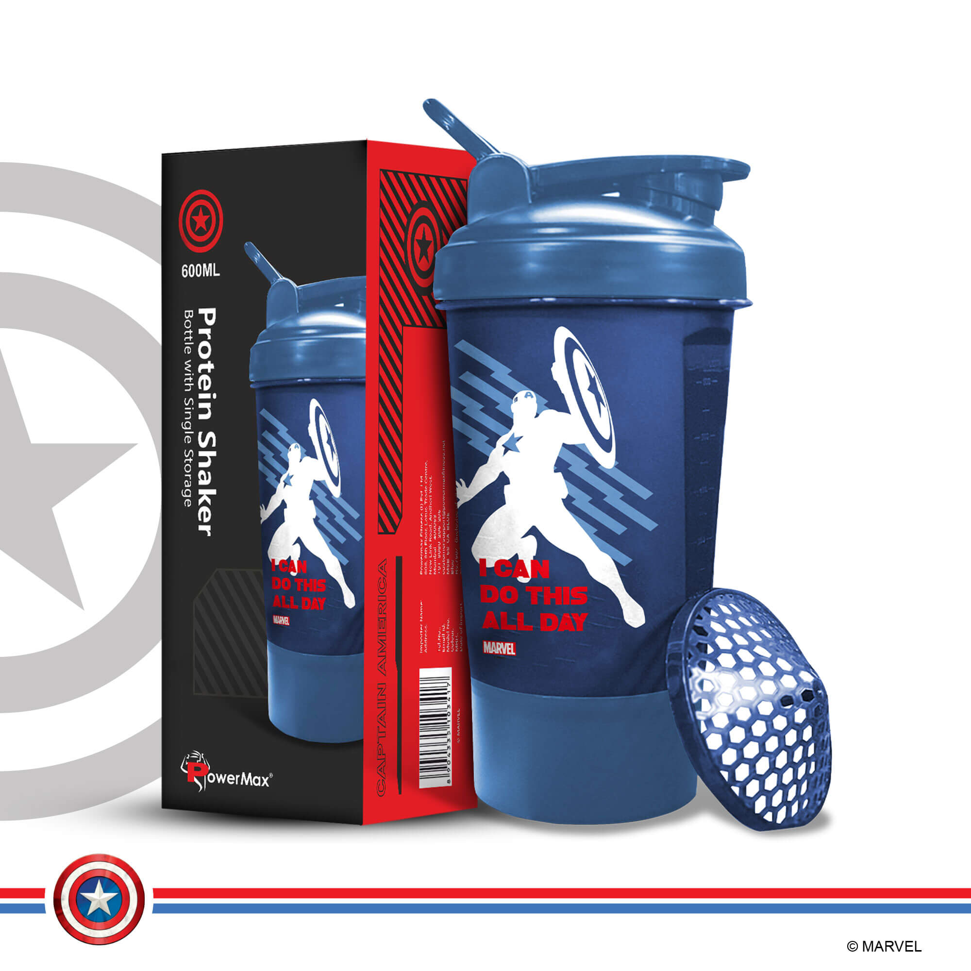 PowerMax x Marvel MSB-6S (600ml) Captain America Marvel Edition Protein Shaker Bottle with Single Storage