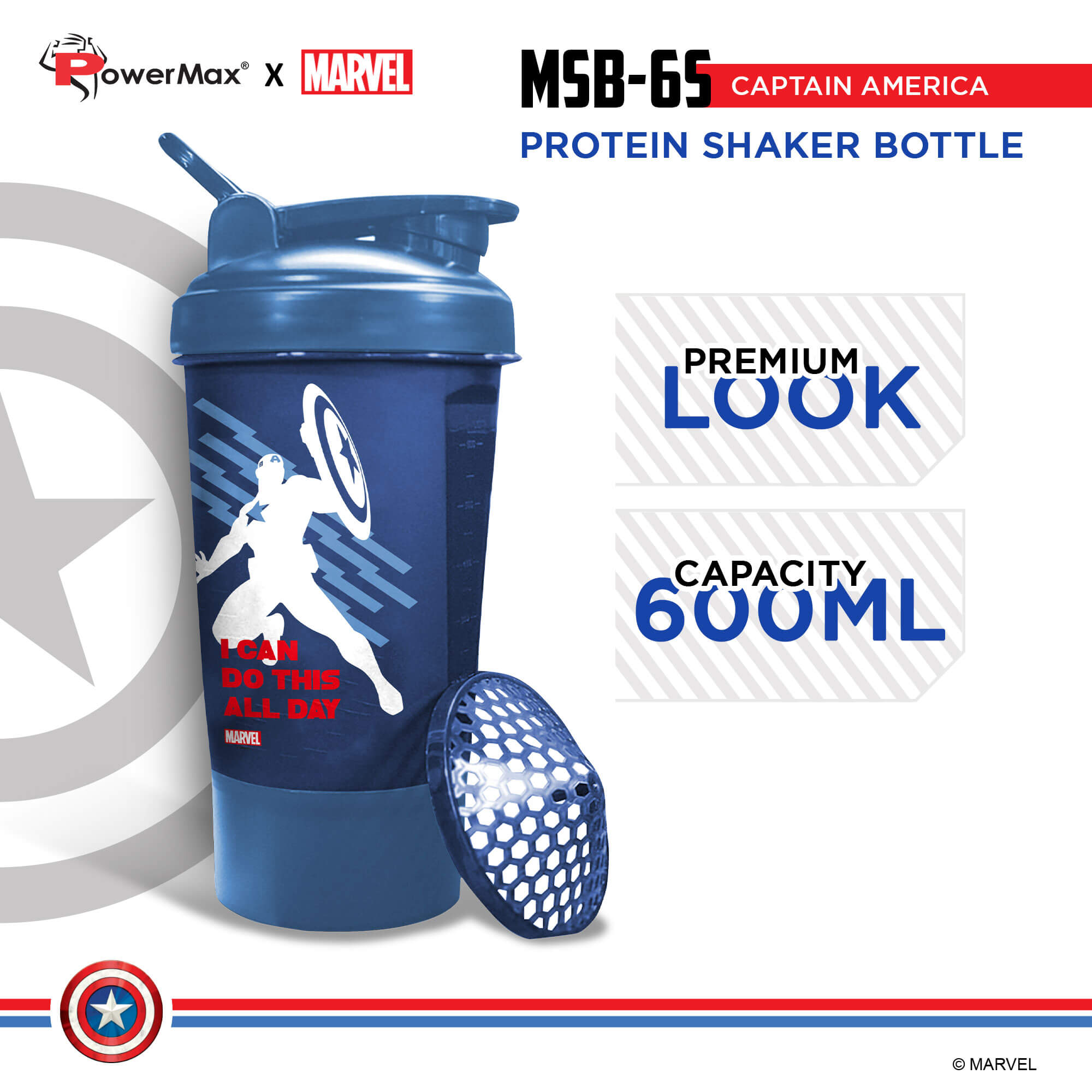 PowerMax x Marvel MSB-6S (600ml) Captain America Marvel Edition Protein Shaker Bottle with Single Storage