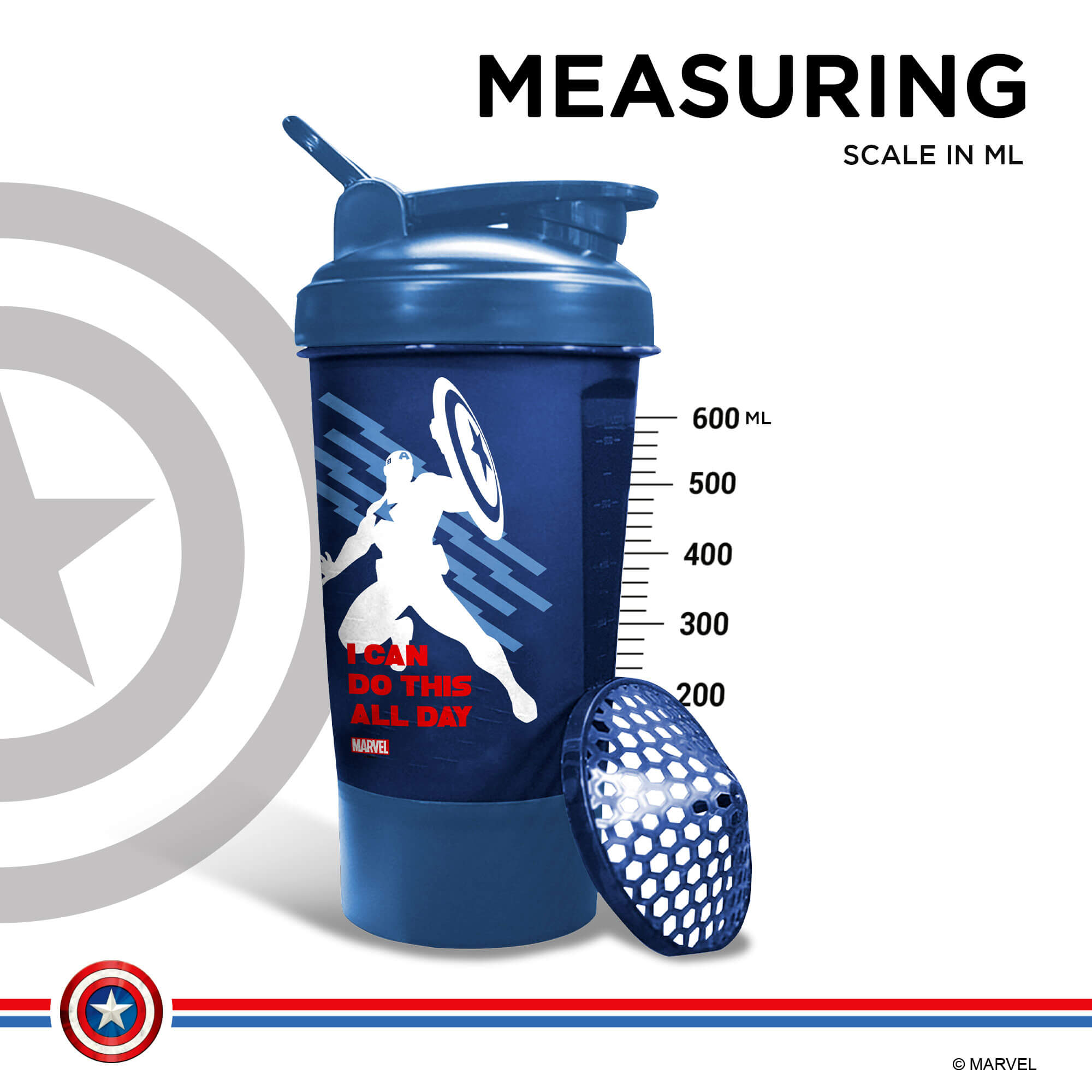 PowerMax x Marvel MSB-6S (600ml) Captain America Marvel Edition Protein Shaker Bottle with Single Storage