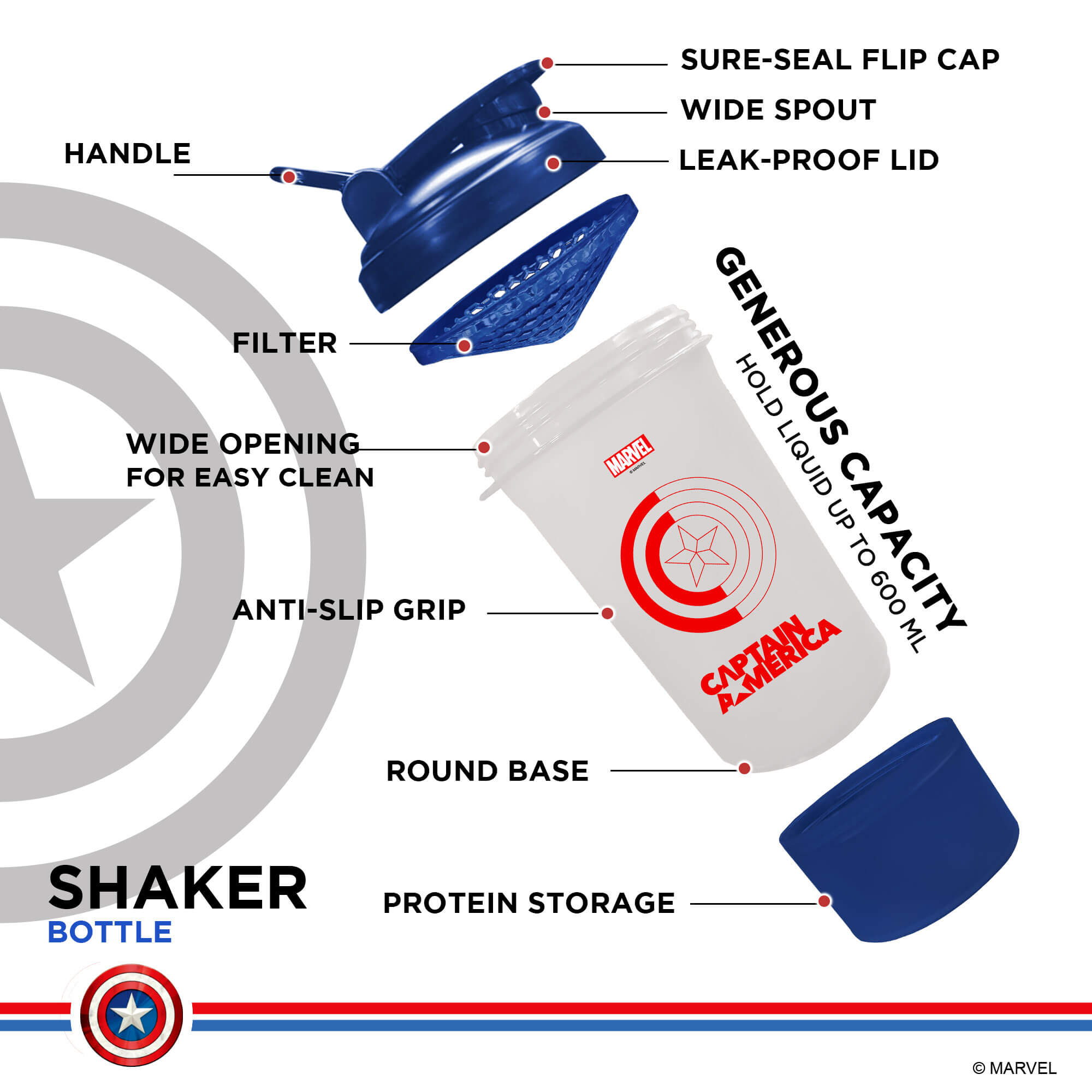 PowerMax x Marvel MSB-6S-CA-CLEAR (600ml) Captain America Marvel Edition Protein Shaker Bottle with Single Storage