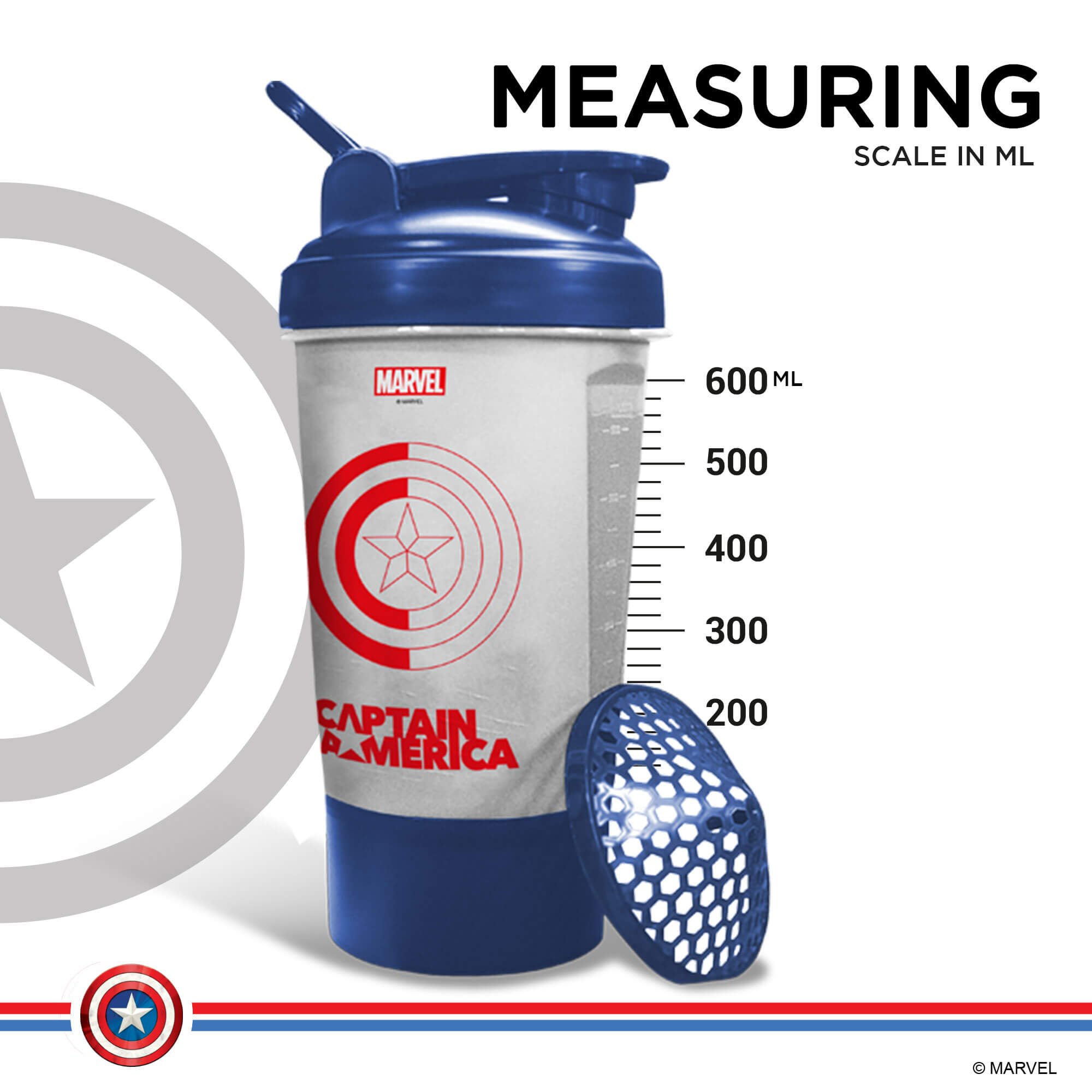  PowerMax x Marvel MSB-6S-CA-CLEAR (600ml) Captain America Marvel Edition Protein Shaker Bottle with Single Storage