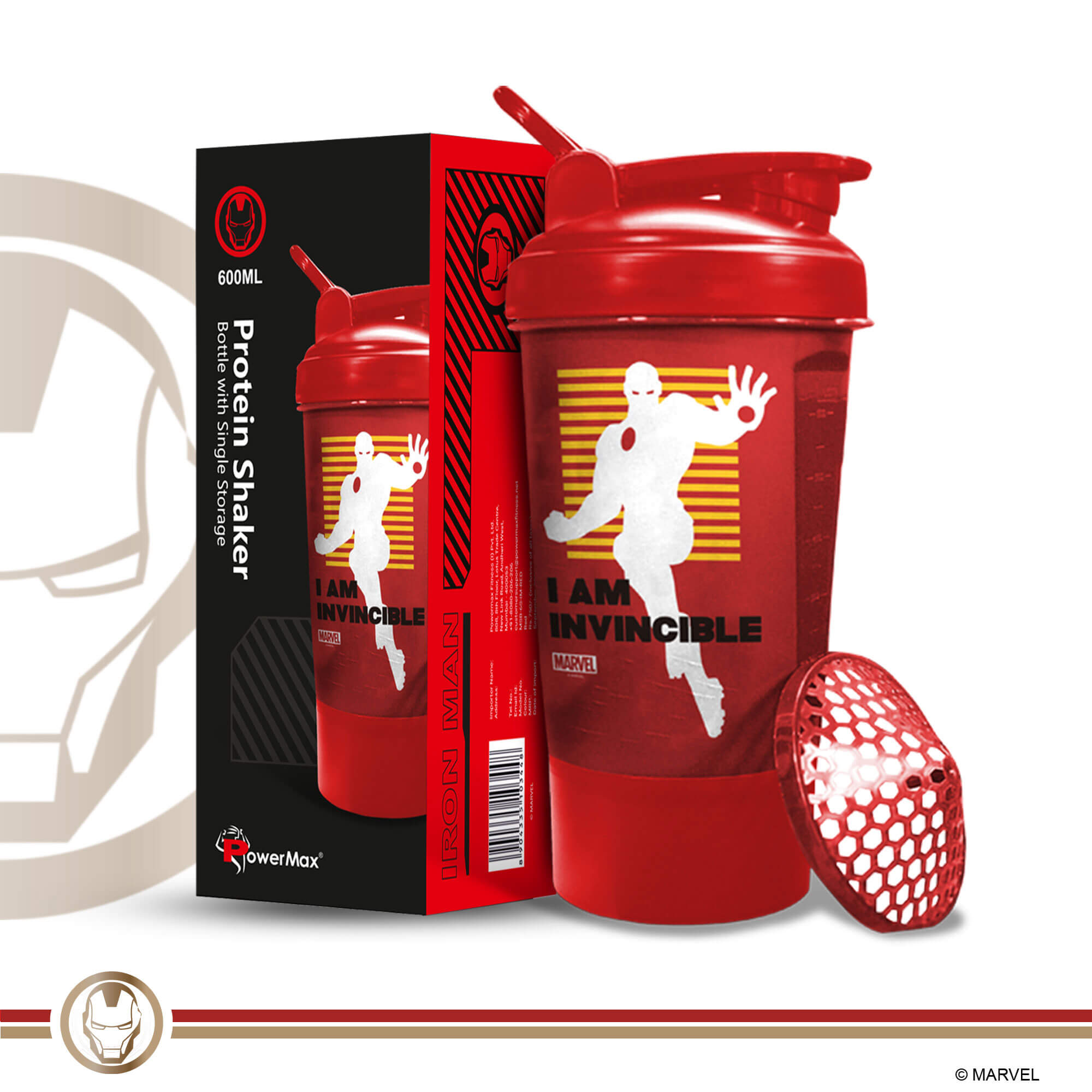 PowerMax x Marvel MSB-6S-IM-RED (600ml) IRONMAN Marvel Edition Protein Shaker Bottle with Single Storage