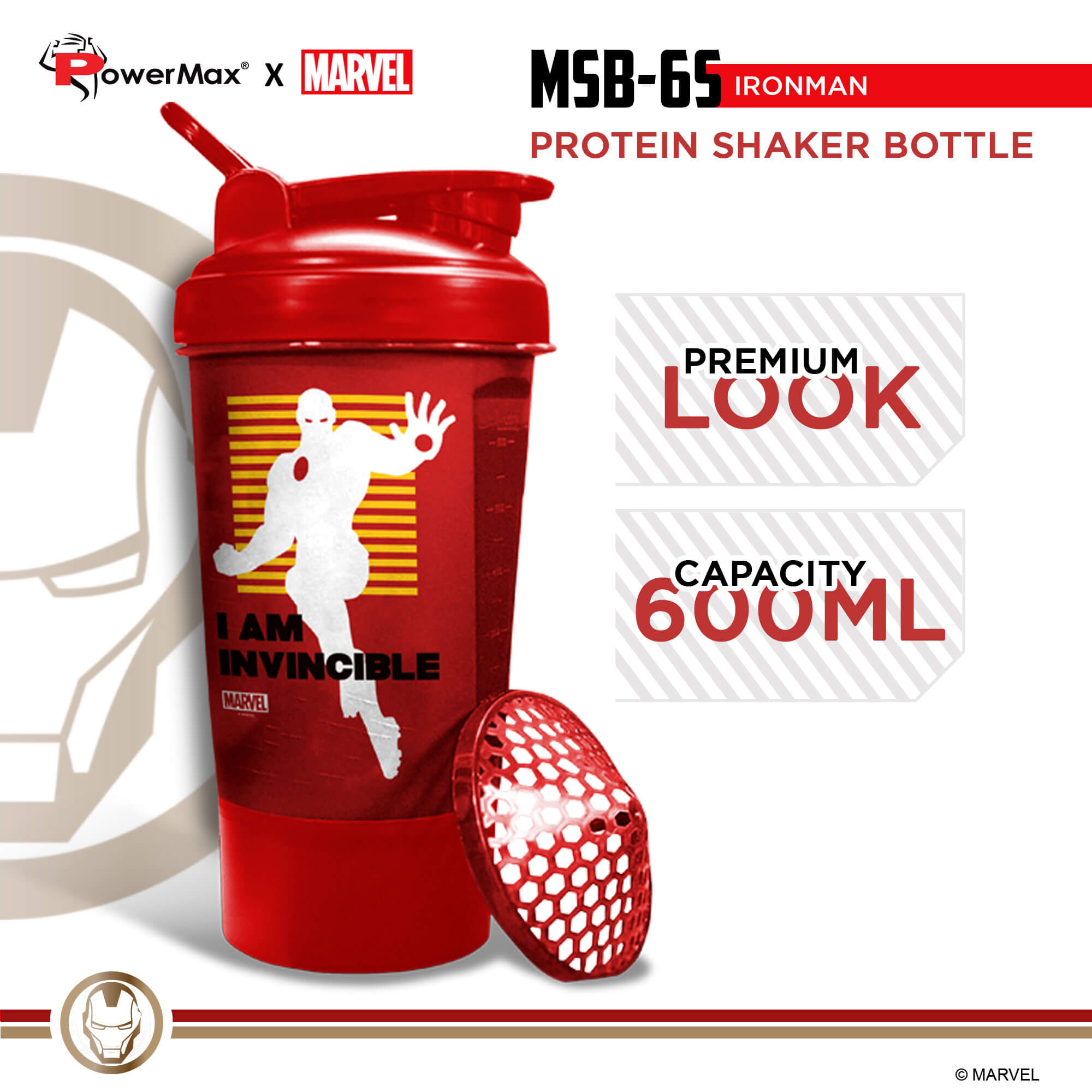 PowerMax x Marvel MSB-6S-IM-RED (600ml) IRONMAN Marvel Edition Protein Shaker Bottle with Single Storage