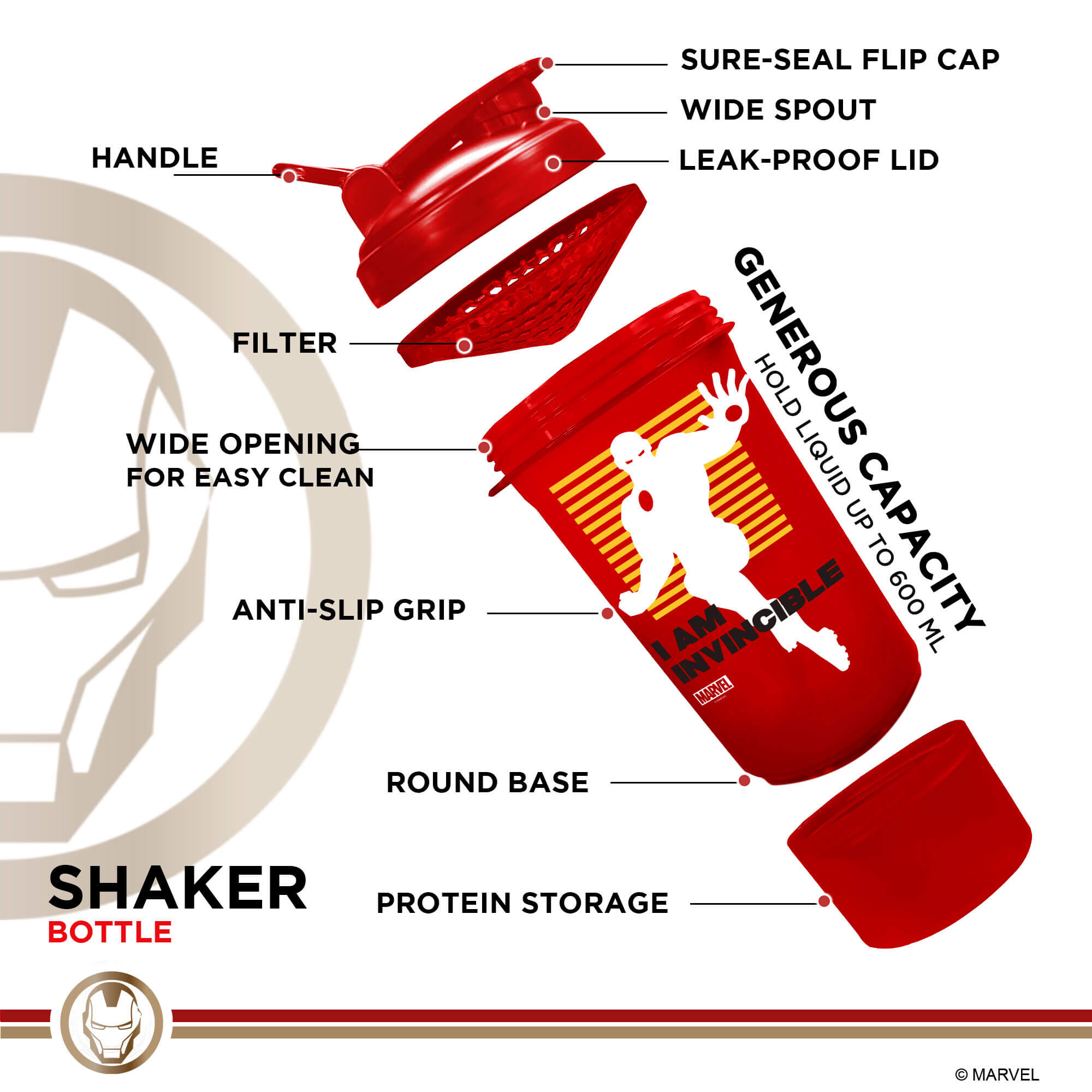 PowerMax x Marvel MSB-6S-IM-RED (600ml) IRONMAN Marvel Edition Protein Shaker Bottle with Single Storage