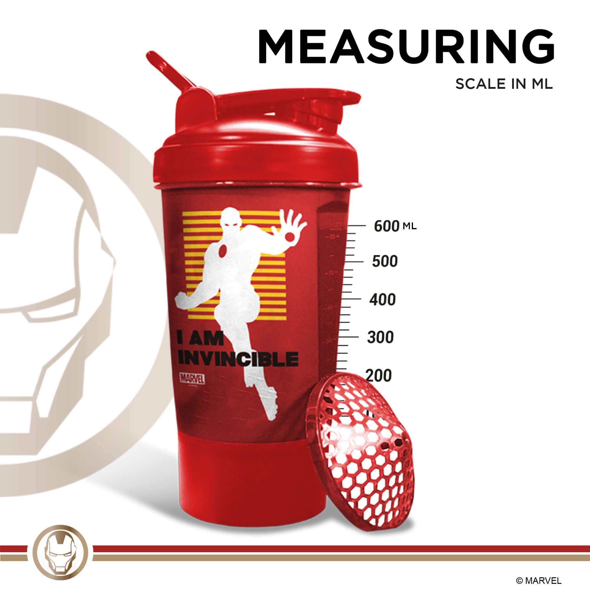 PowerMax x Marvel MSB-6S-IM-RED (600ml) IRONMAN Marvel Edition Protein Shaker Bottle with Single Storage