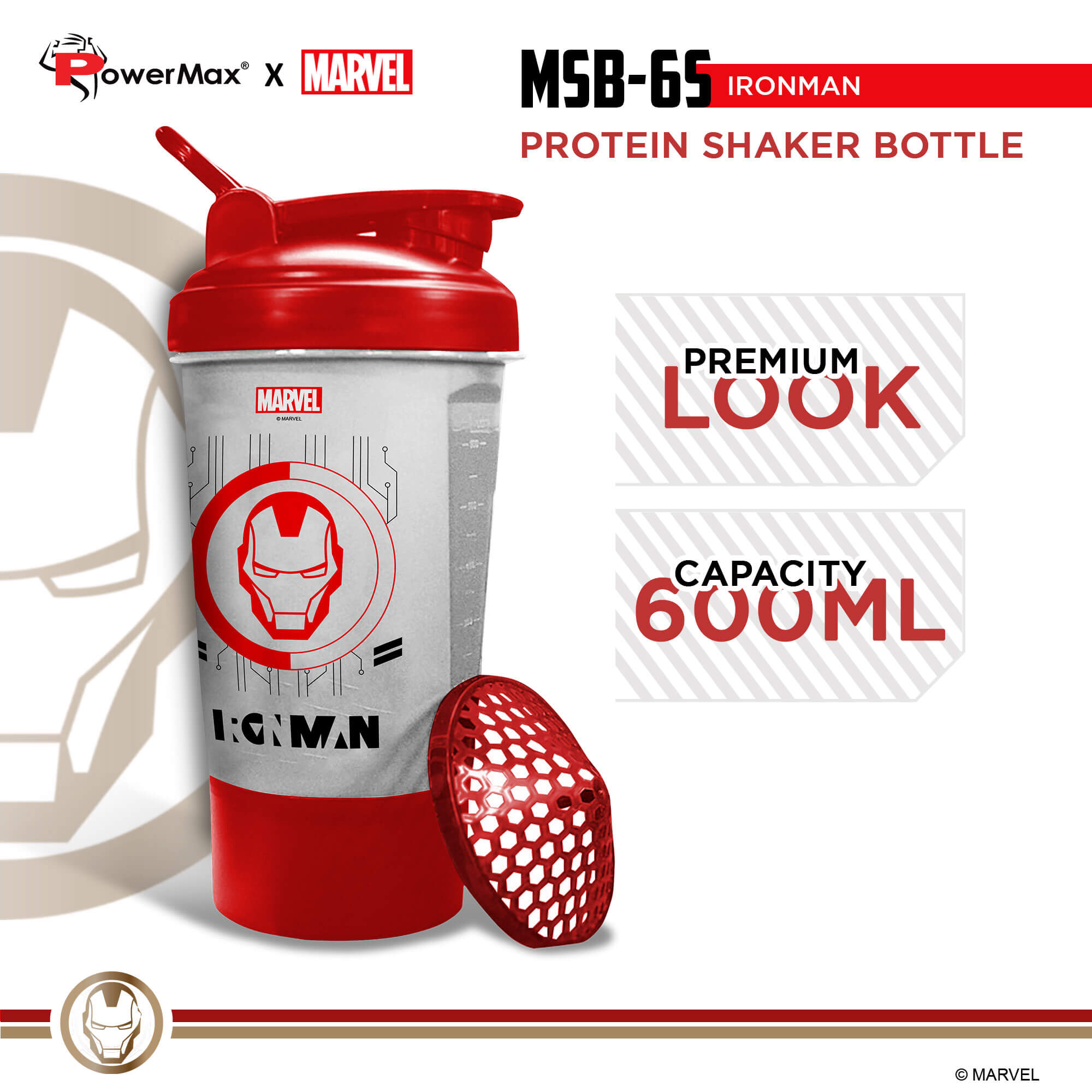 Powermax X Marvel MSB-6S-IM-CLEAR (600ml) IRONMAN Marvel Edition Protein Shaker Bottle with Single Storage