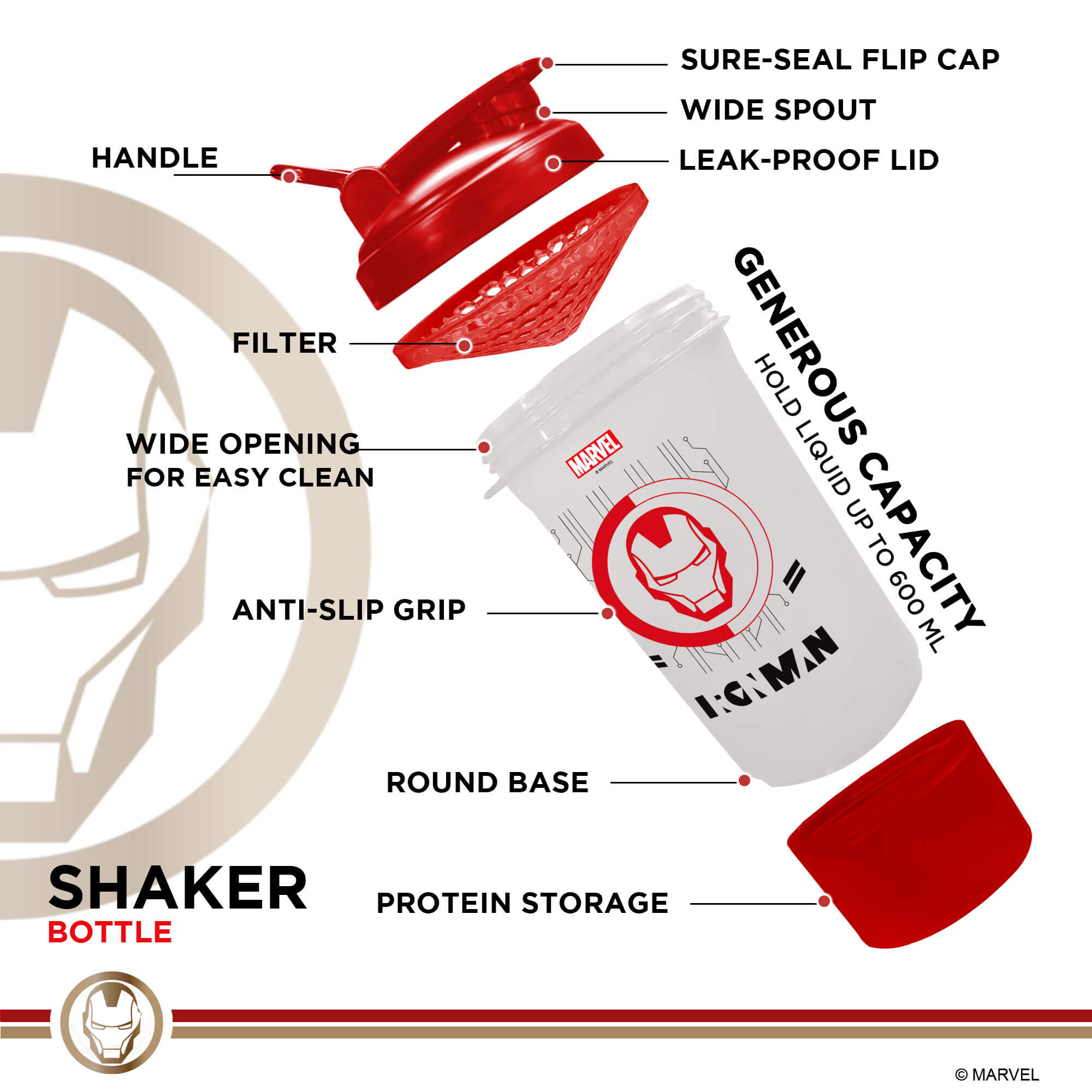 Powermax X Marvel MSB-6S-IM-CLEAR (600ml) IRONMAN Marvel Edition Protein Shaker Bottle with Single Storage