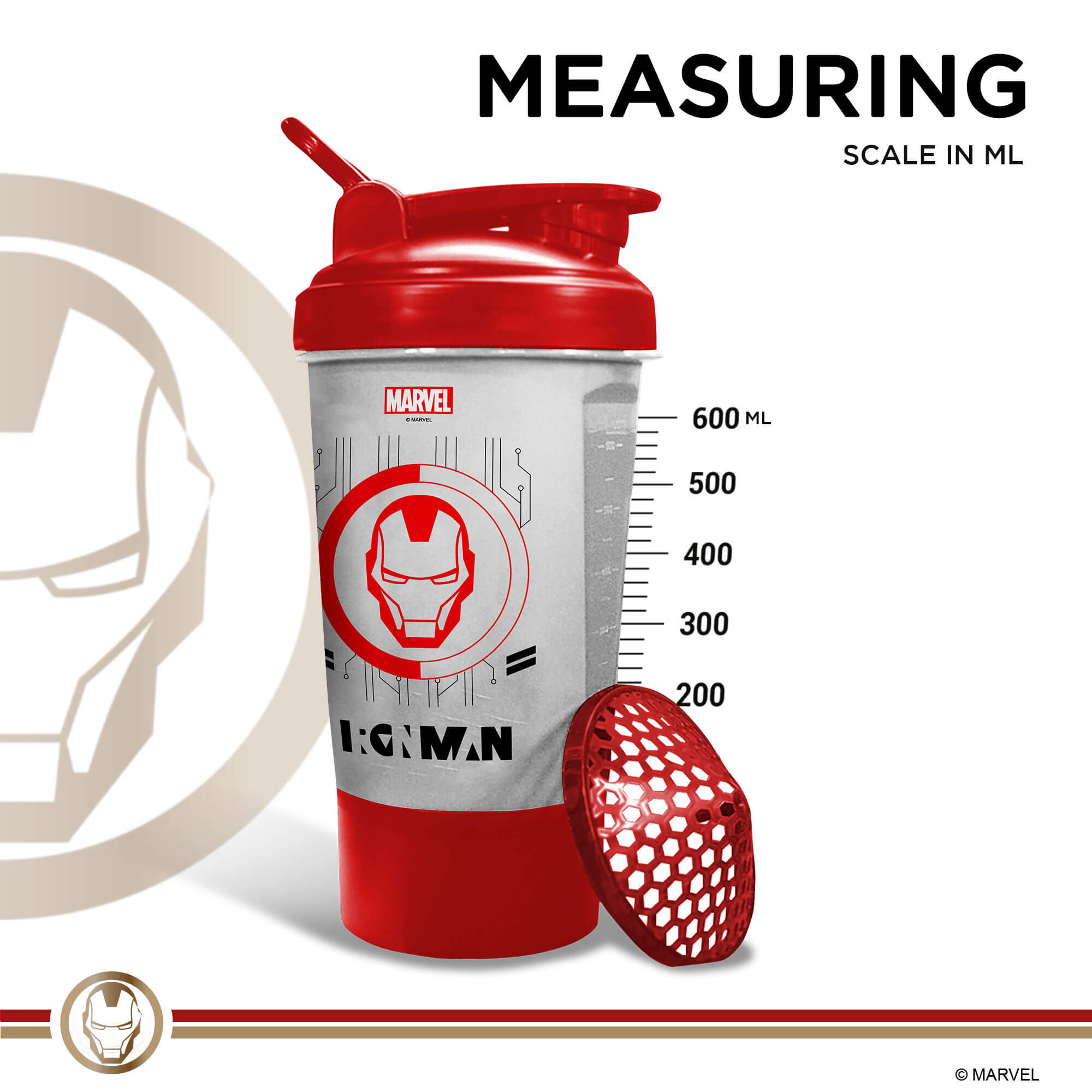 Powermax X Marvel MSB-6S-IM-CLEAR (600ml) IRONMAN Marvel Edition Protein Shaker Bottle with Single Storage