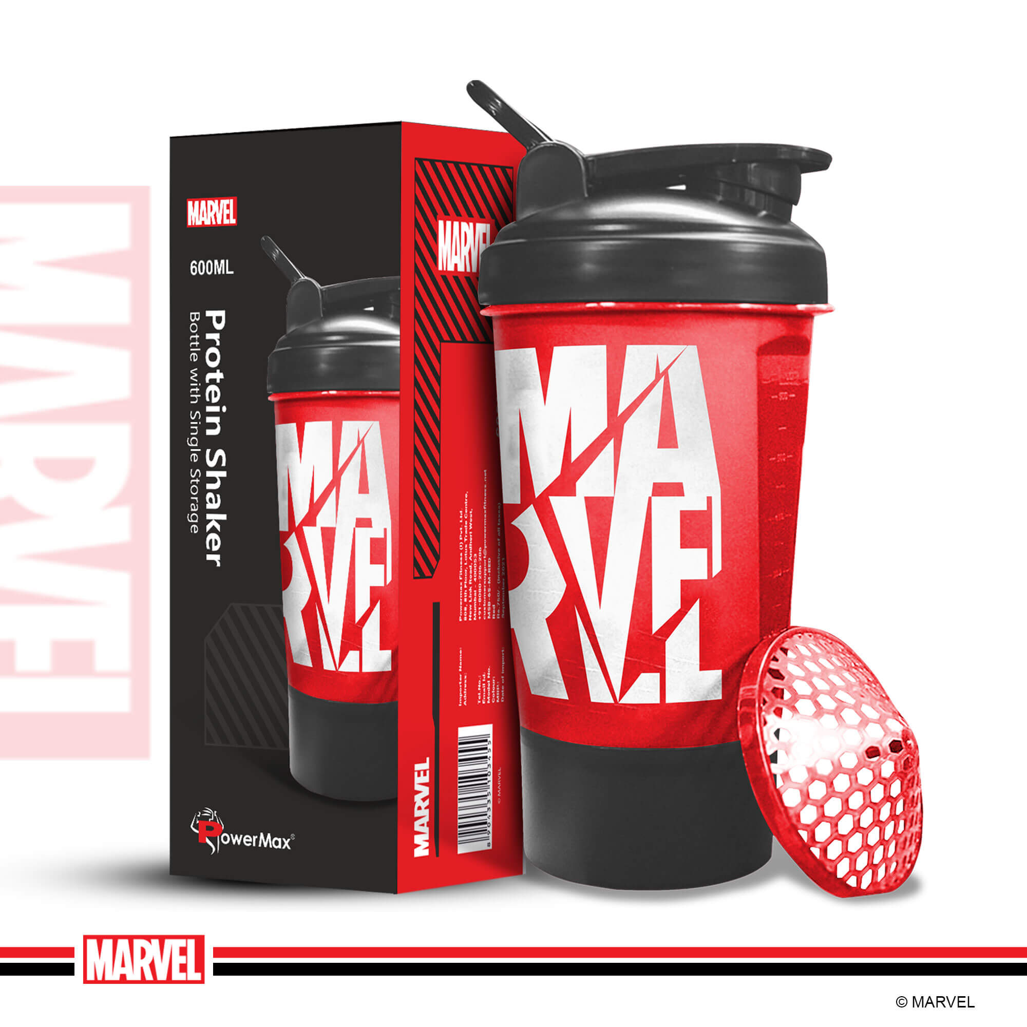 PowerMax x Marvel MSB-6S-M-RED (600ml) Marvel Protein Shaker Bottle with Single Storage