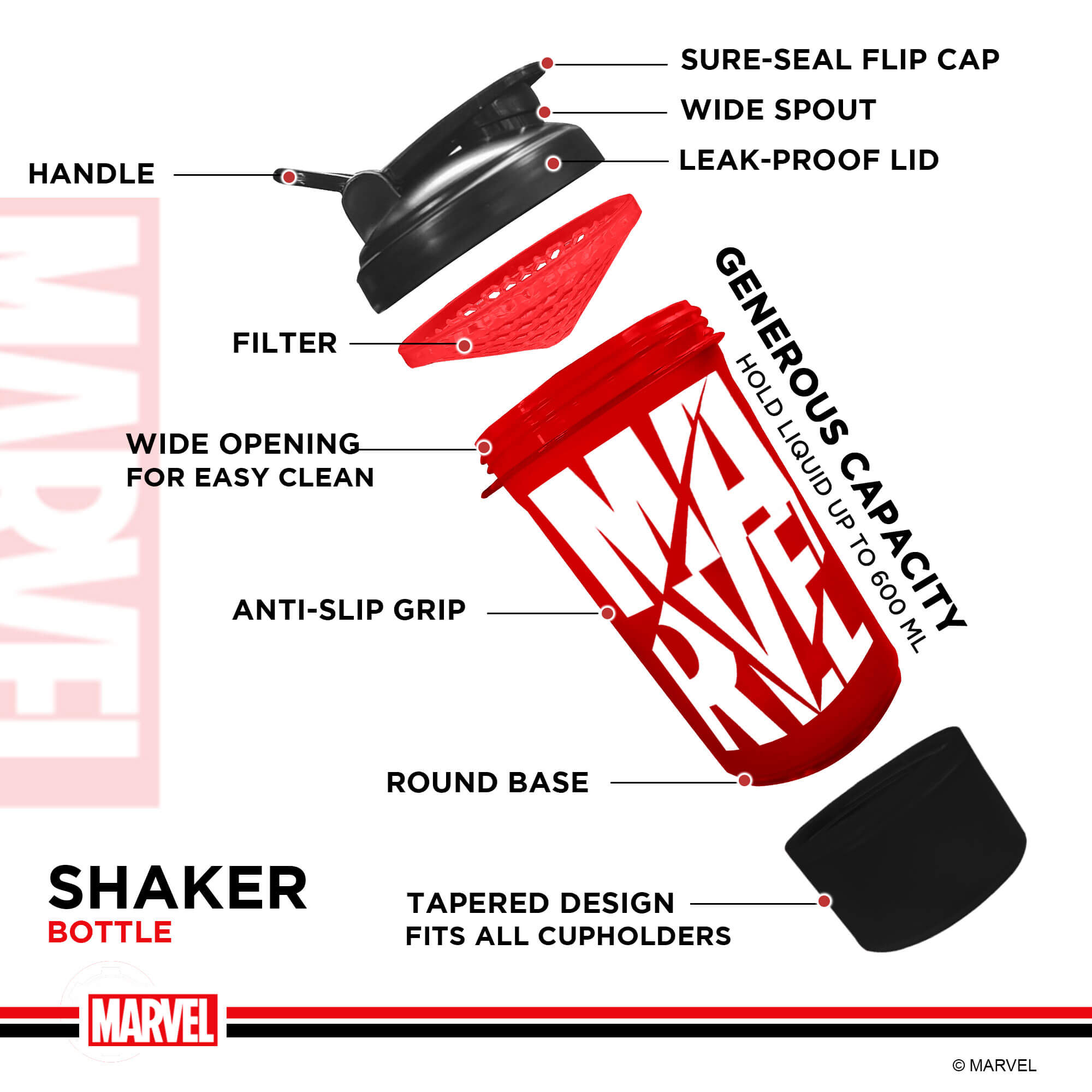 PowerMax x Marvel MSB-6S-M-RED (600ml) Marvel Protein Shaker Bottle with Single Storage