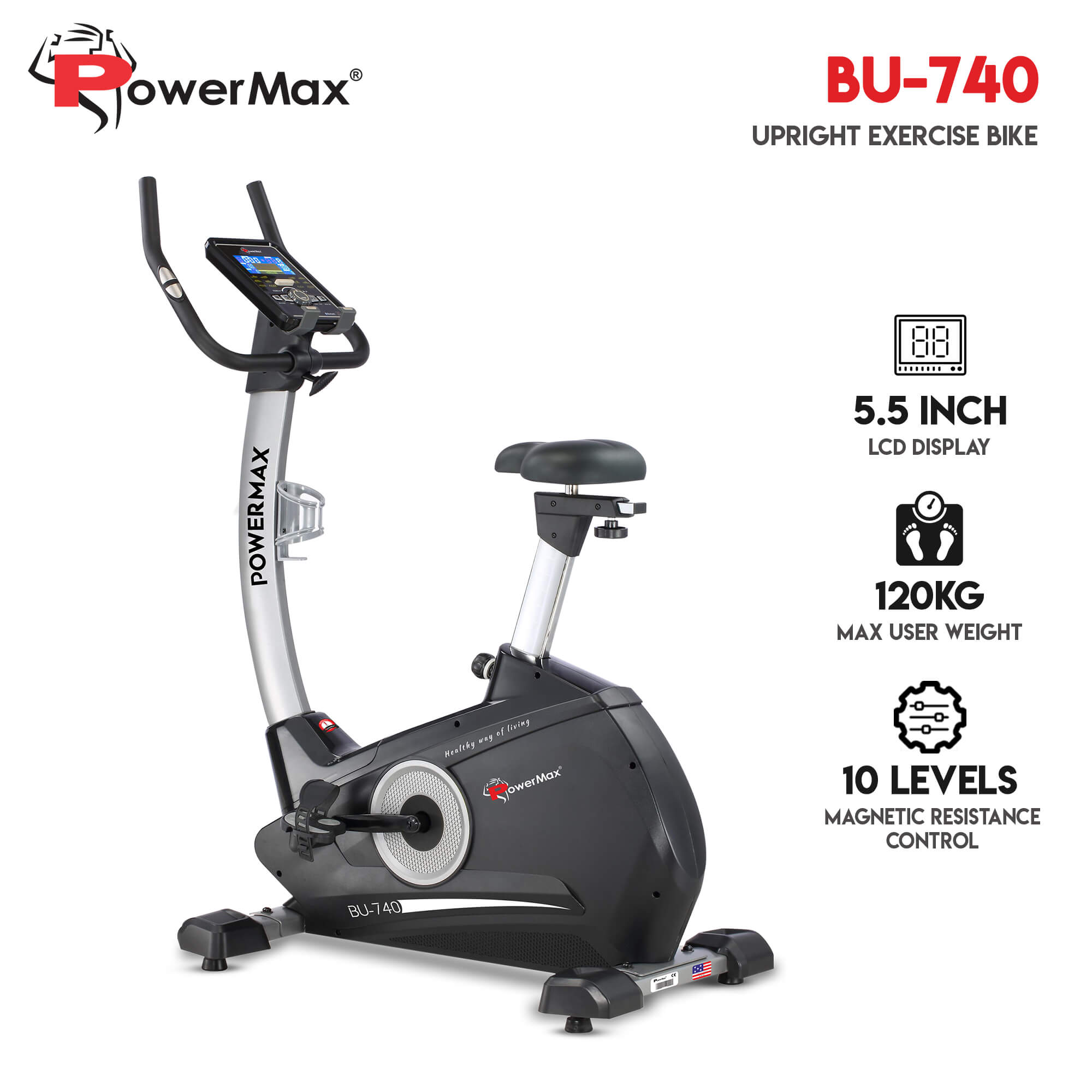 PowerMax Fitness BU-740 Upright Exercise Bike with Hand Pulse, iPad holder and Water Bottle Cage for Home Use