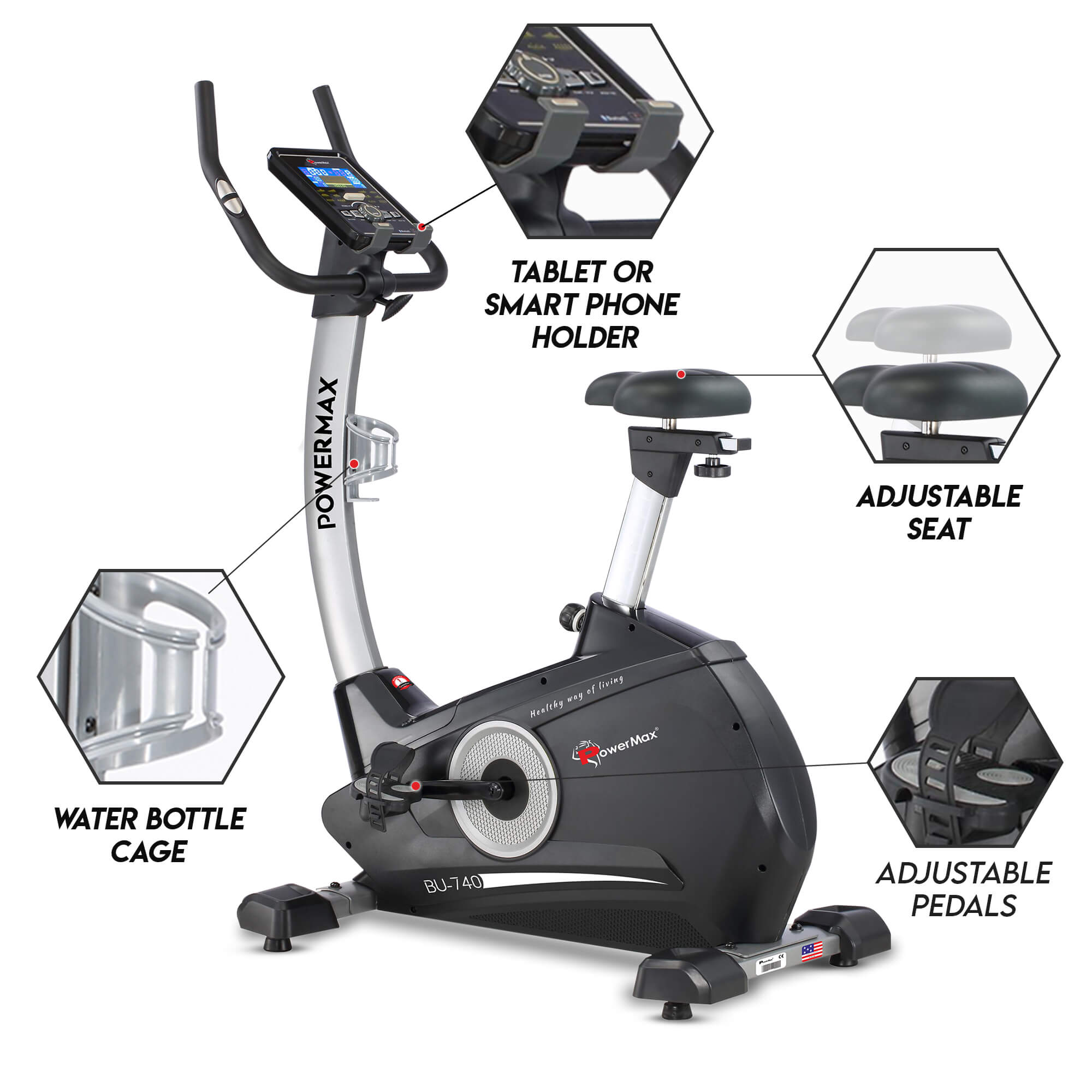 PowerMax Fitness BU-740 Upright Exercise Bike with Hand Pulse, iPad holder and Water Bottle Cage for Home Use