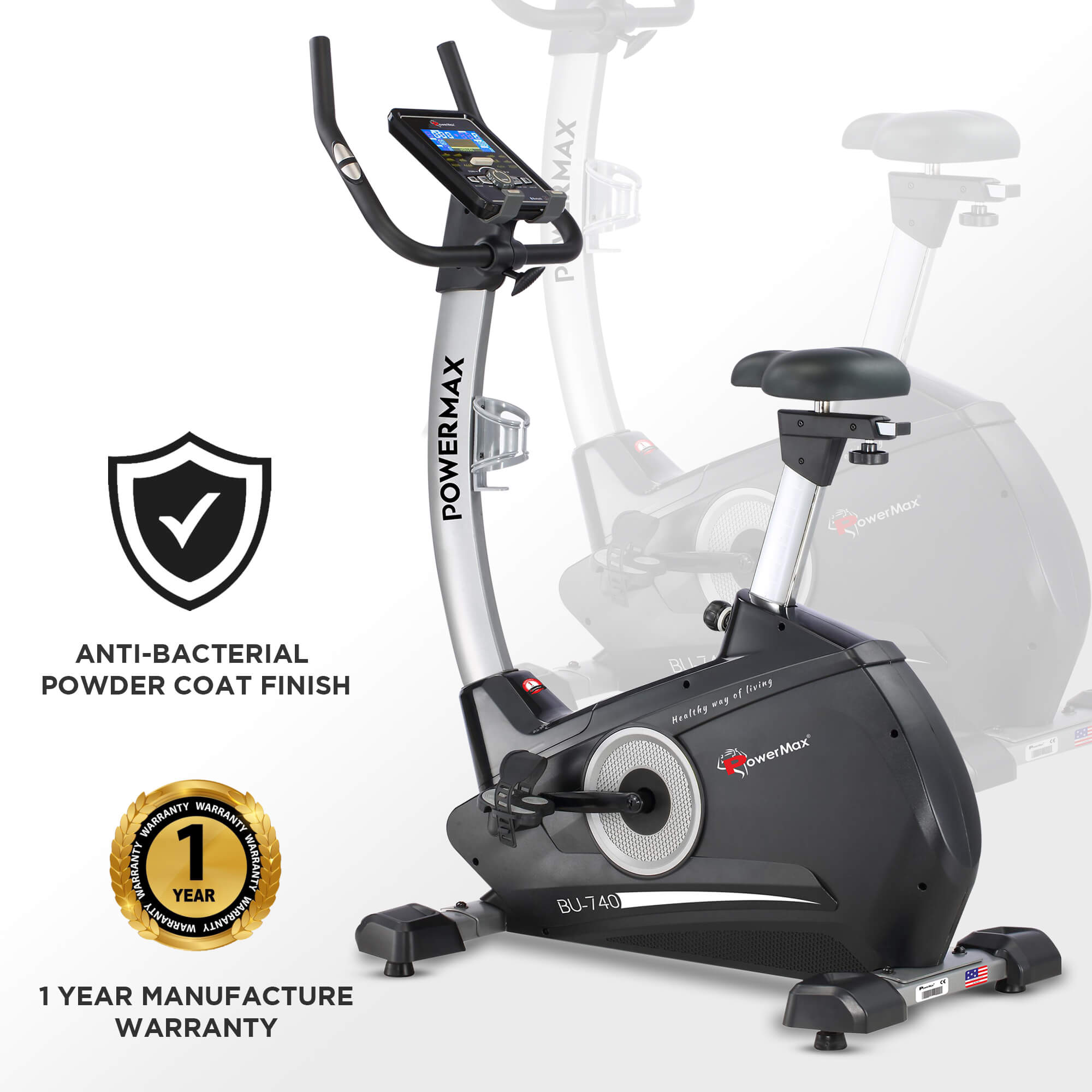 PowerMax Fitness BU-740 Upright Exercise Bike with Hand Pulse, iPad holder and Water Bottle Cage for Home Use