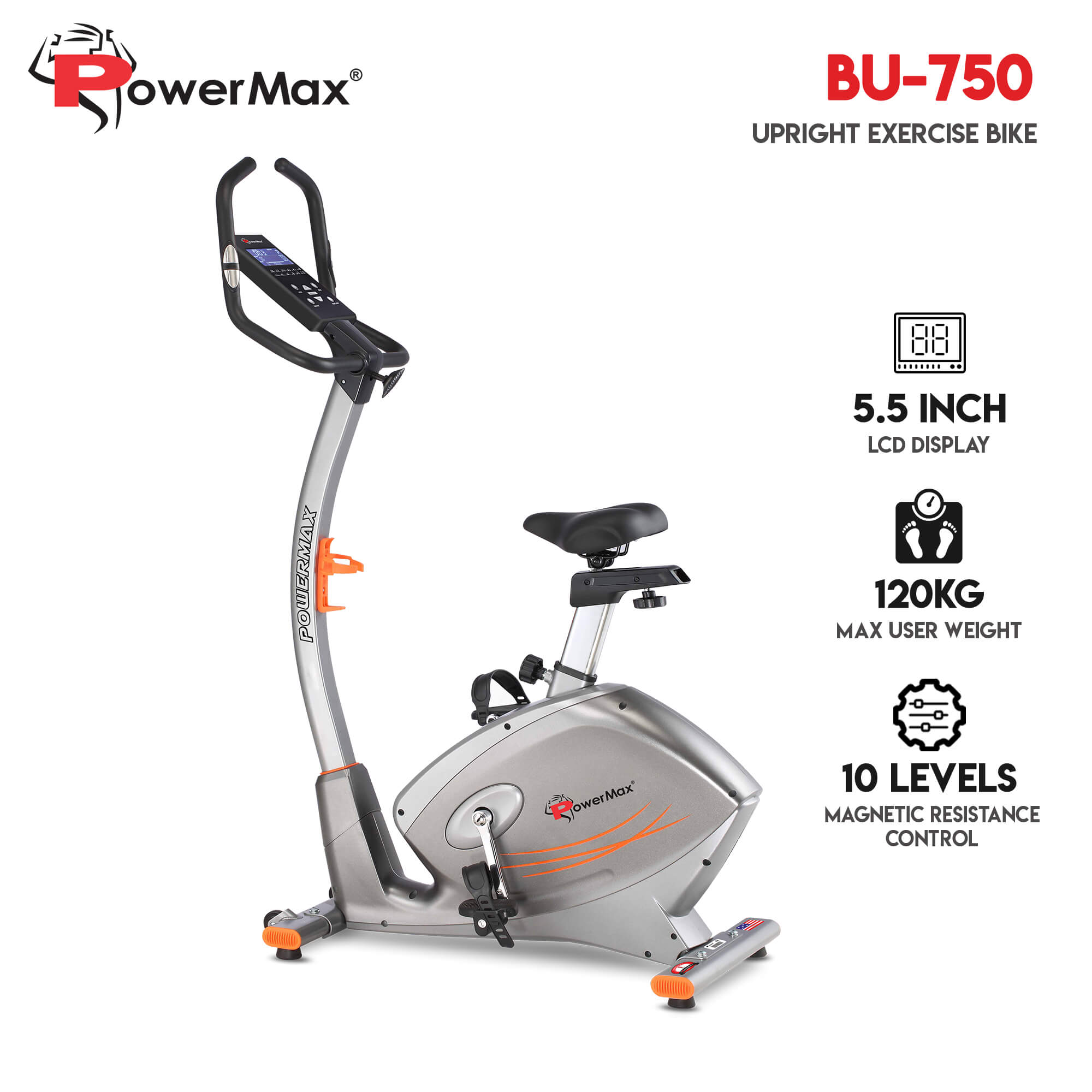 PowerMax Fitness BU-750 Upright Exercise Bike with Hand Pulse, Water Bottle Cage for Home Use