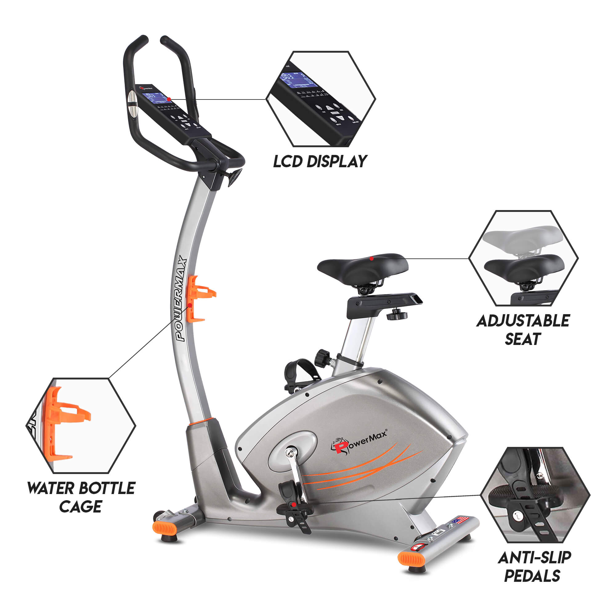 PowerMax Fitness BU-750 Upright Exercise Bike with Hand Pulse, Water Bottle Cage for Home Use