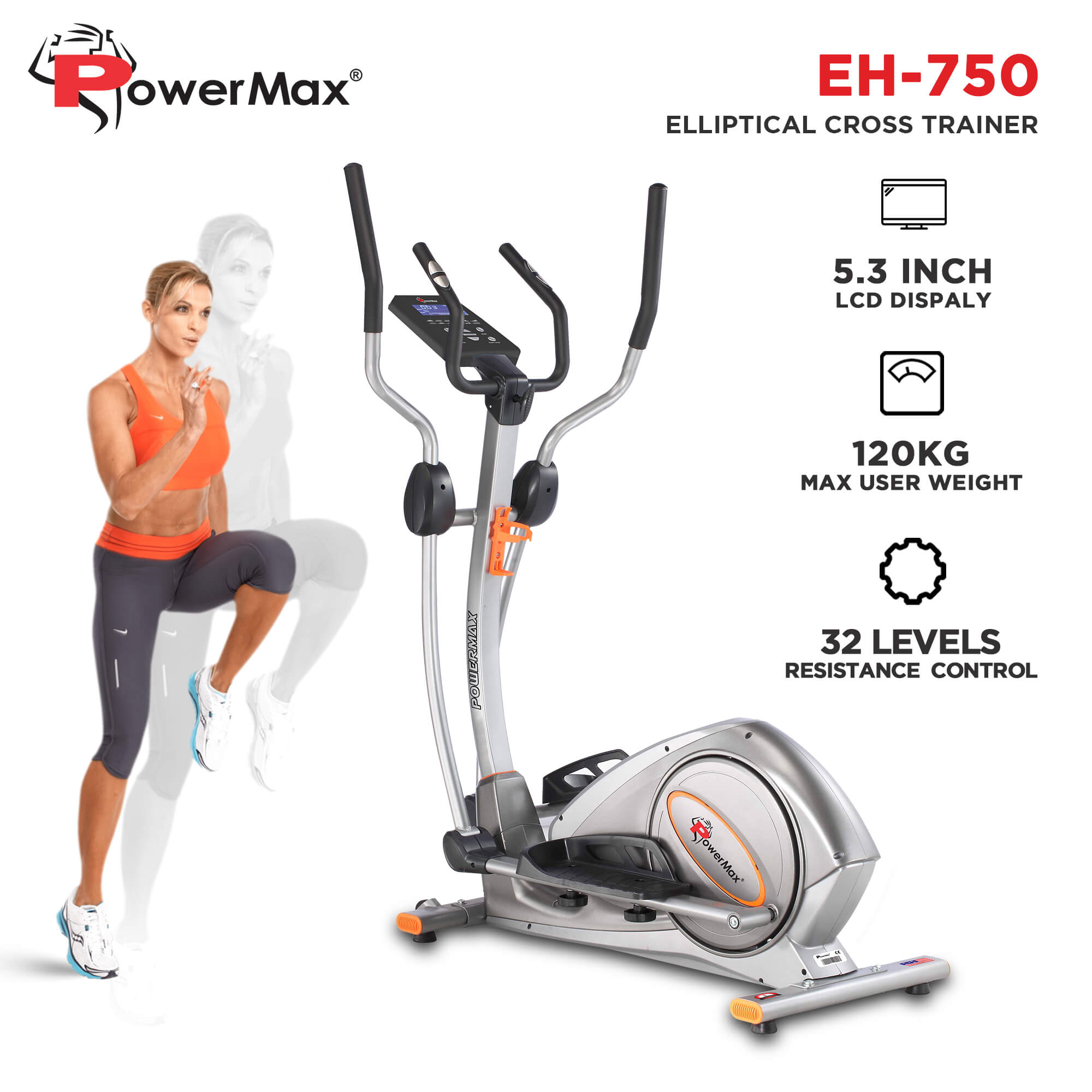 PowerMax Fitness New 2021 EH-750 Elliptical Cross Trainer with Water Bottle Cage