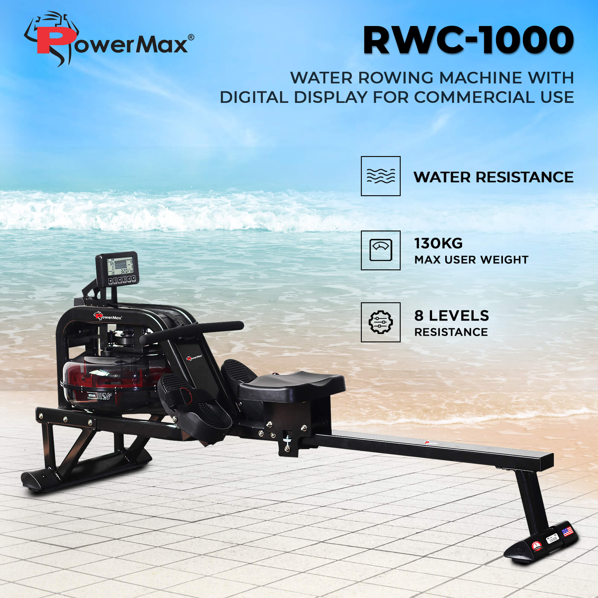 PowerMax Fitness RWC-1000 Water Rowing Machine with Digital Display for Commercial use