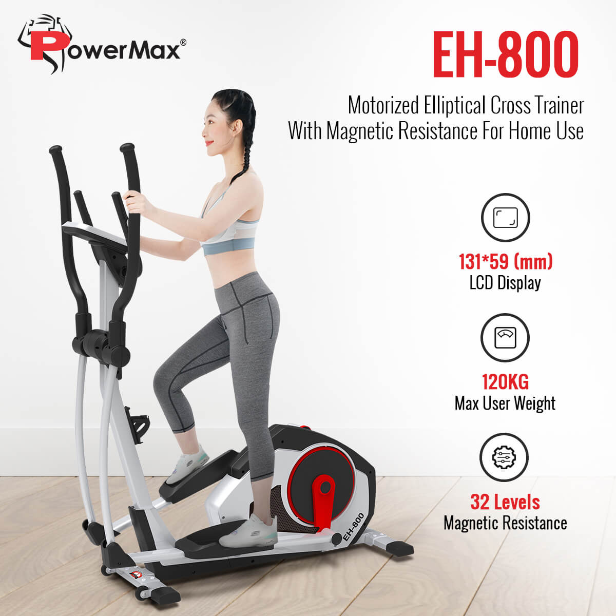PowerMax Fitness EH-800 Motorized Electric Elliptical Cross Trainer with Magnetic Resistance for home use 