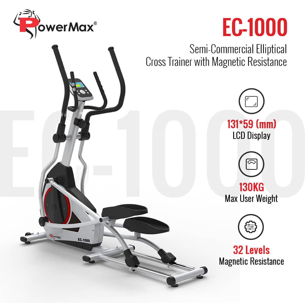 PowerMax Fitness EC-1000 Semi-Commercial Motorized Electric Elliptical Cross Trainer with Magnetic Resistance