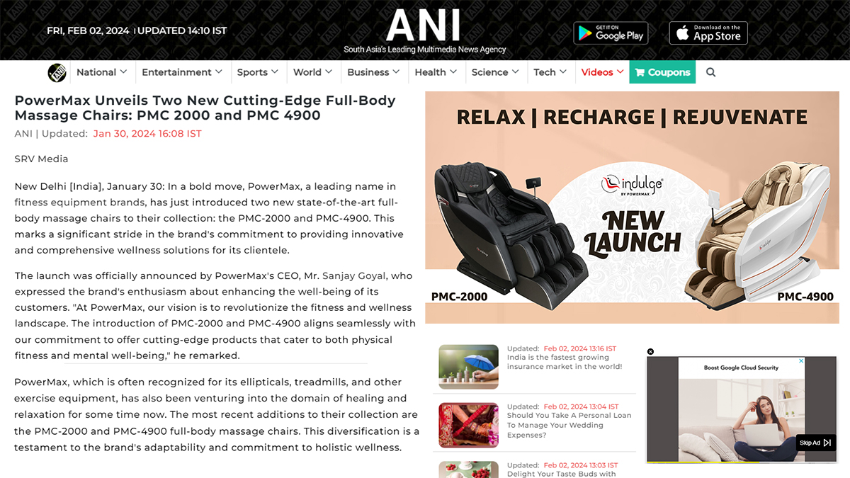 PowerMax Unveils Two New Cutting-Edge Full-Body Massage Chairs: PMC 2000 and PMC 4900 Read more At:  https://www.aninews.in/news/business/business/powermax-unveils-two-new-cutting-edge-full-body-massage-chairs-pmc-2000-and-pmc-490020240130160856/