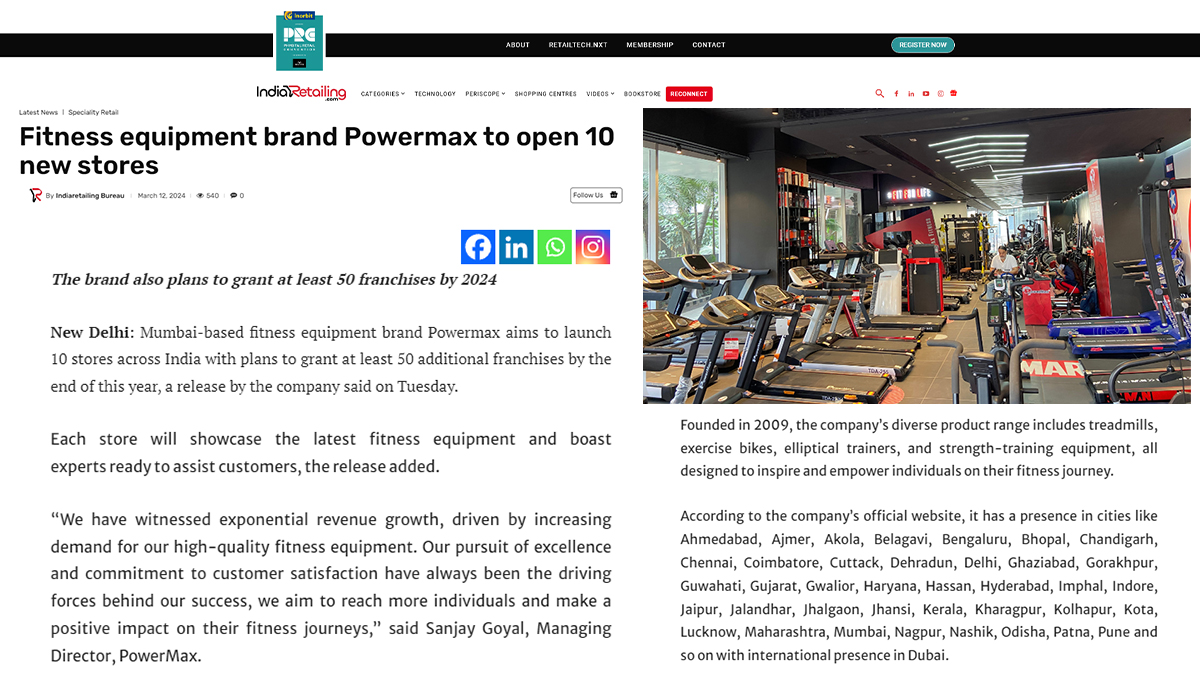 Fitness equipment brand Powermax to open 10 new stores