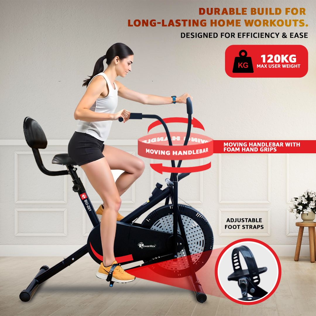PowerMax Fitess BU-201 Dual Action Air Bike/Exercise Bike with Back Support System for Home Workout