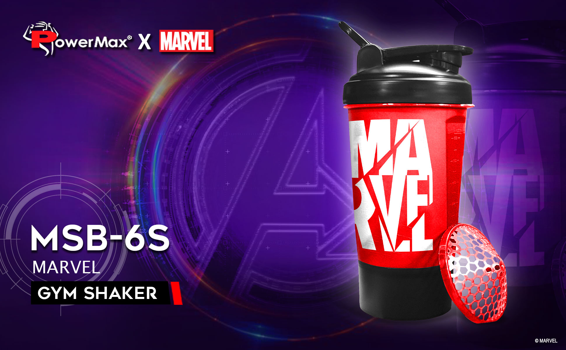 buy powermax x marvel msb-6s-m-red (600ml) marvel protein shaker bottle with single storage